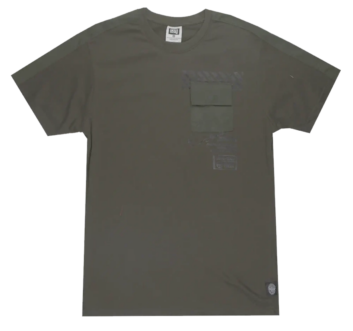 Olive green gtl4 panel t-shirt with short sleeves chest pocket and subtle faded graphic details