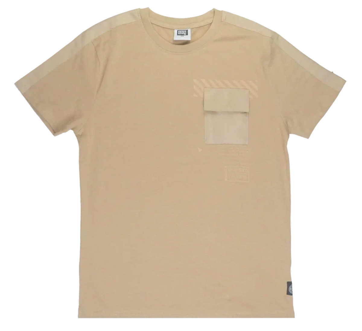 Beige gtl4 pocket t-shirt with short sleeves chest pocket and subtle diagonal stripe detailing