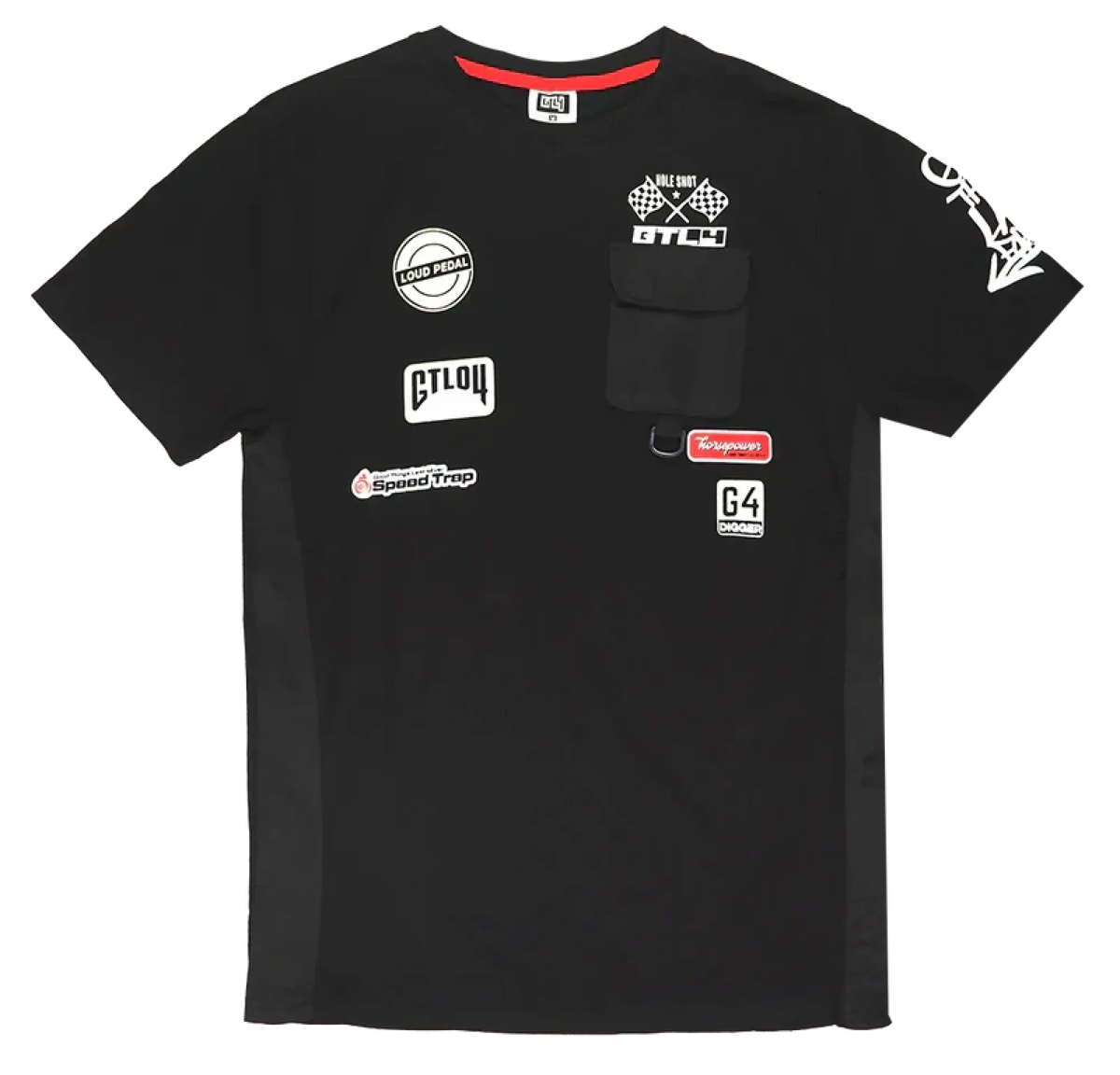 Black short-sleeved GTL4 pocket t-shirt with red collar trim and racing-themed patches on chest and pocket