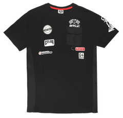 Black short-sleeved GTL4 pocket t-shirt with red collar trim and racing-themed patches on chest and pocket