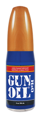Blue and orange bottle of gun oil h2o 120 water-based lubricant designed for smooth firearm maintenance