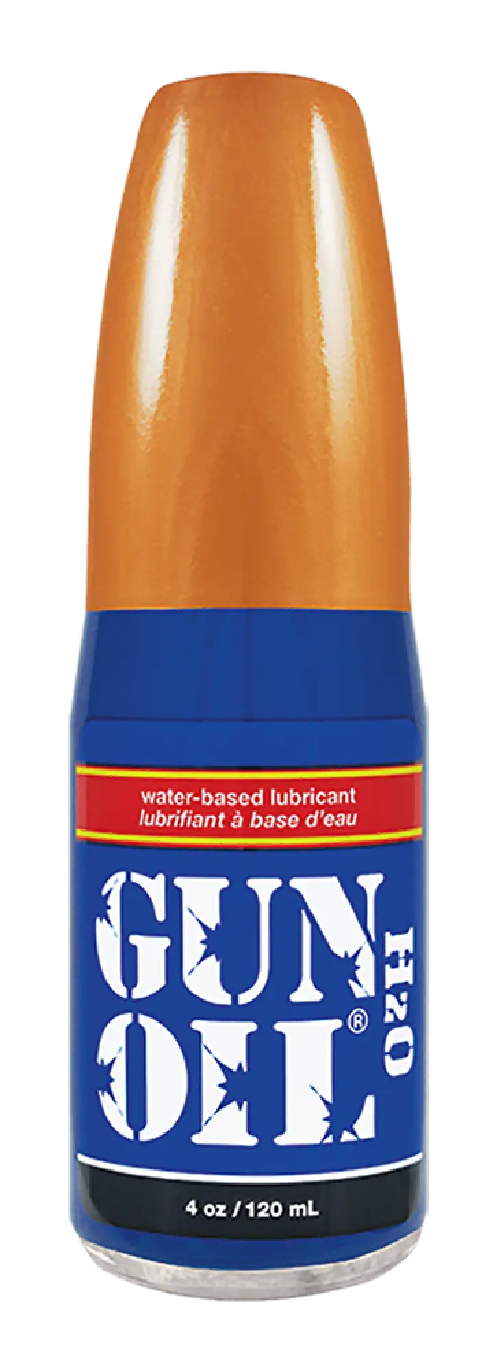 Orange and blue gun oil h2o water-based lubricant in a clear glass bottle for smooth and safe use