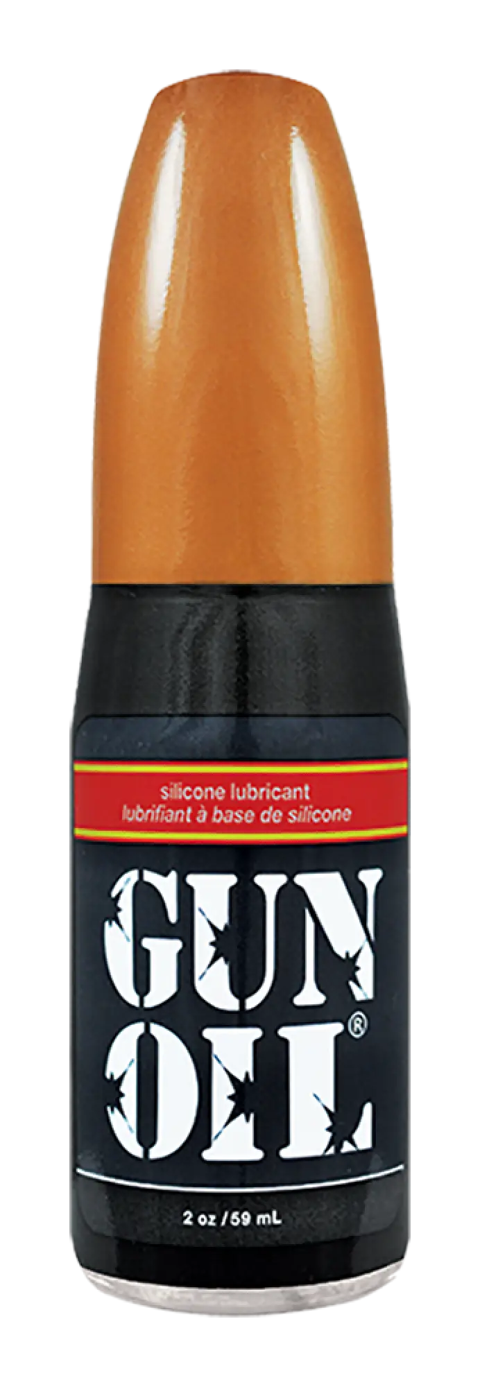 A sleek black gun oil bottle with a glossy orange cap labeled silicone for firearm lubrication and maintenance