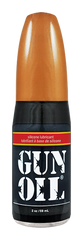 A sleek black gun oil bottle with a glossy orange cap labeled silicone for firearm lubrication and maintenance