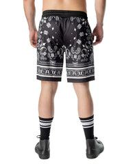 Hank Classic Short black bandana patterned shorts with white paisley star motifs ribbed elastic waistband and trim