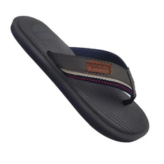 Hampton sandal black rubber flip-flop with navy blue strap and brown leather-like patch branded panel