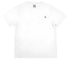 White HARD LUCK waffle weave tee short-sleeved t-shirt with subtle gray square logos on collar and chest