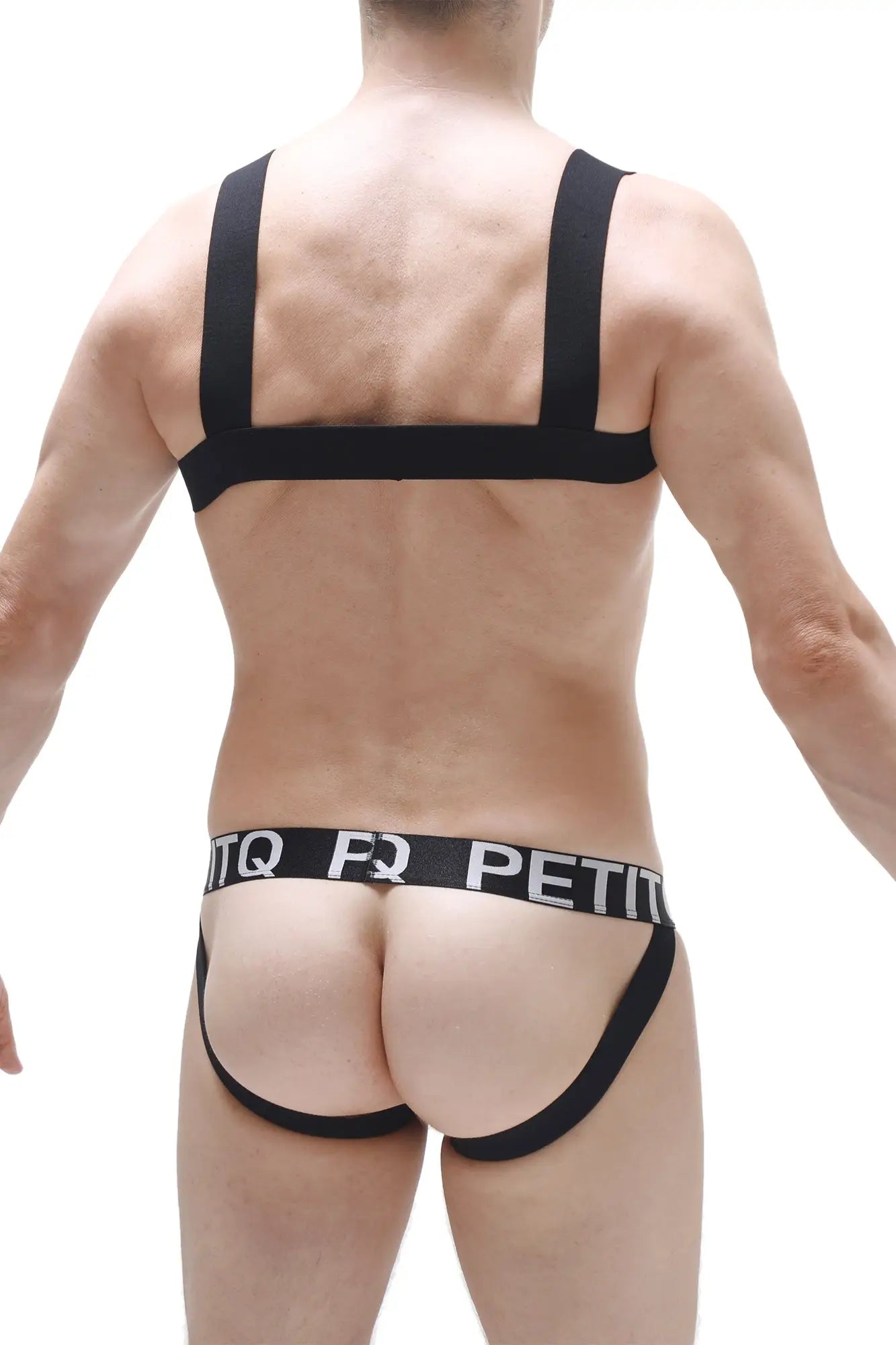 Black elastic briefs harness ancille black featuring white pq petit branding on the waistband in front view