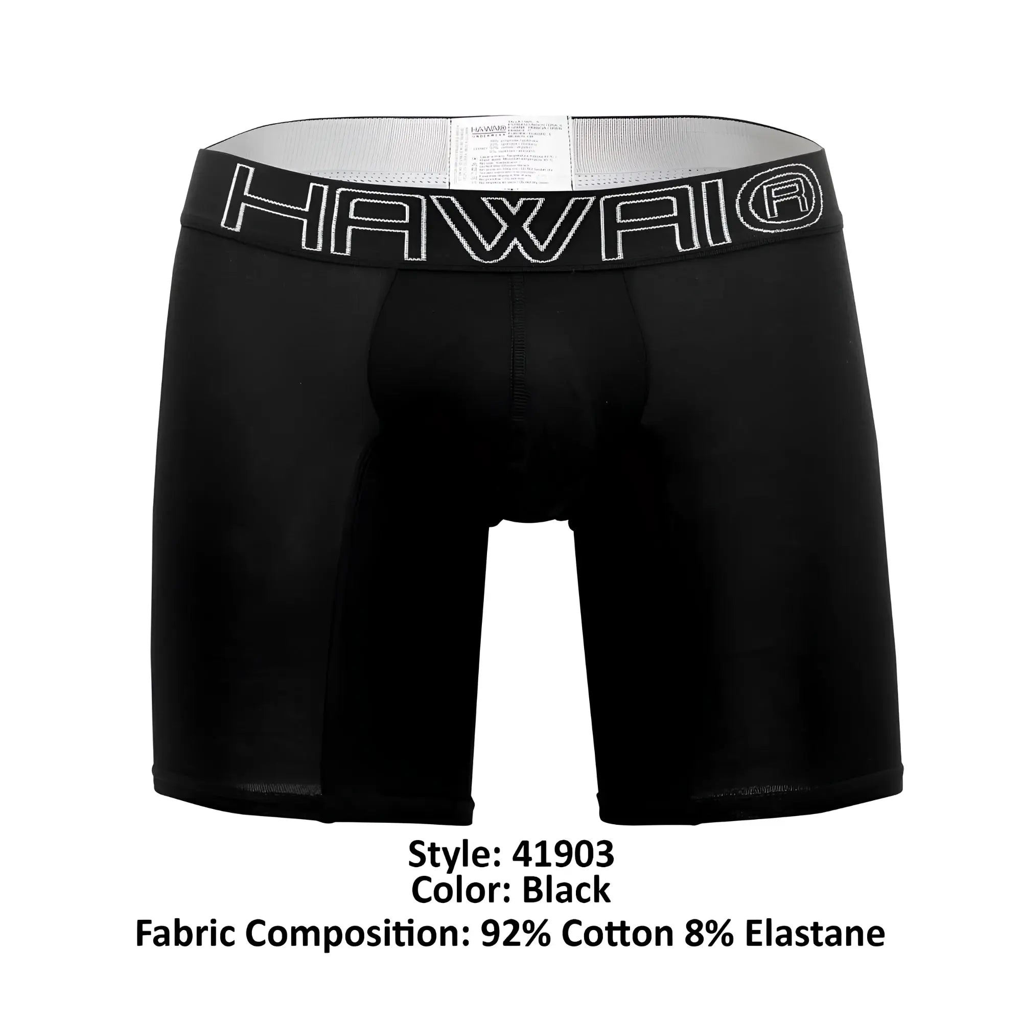 Black Hawaii solid athletic boxer briefs in black with gray elastic waistband and white embroidered lettering