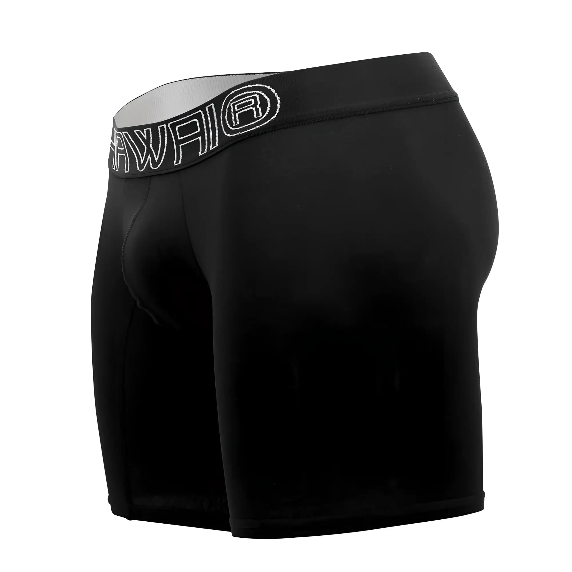 Black men’s boxer briefs with a gray waistband featuring the hawaiq logo in white outlined lettering color black