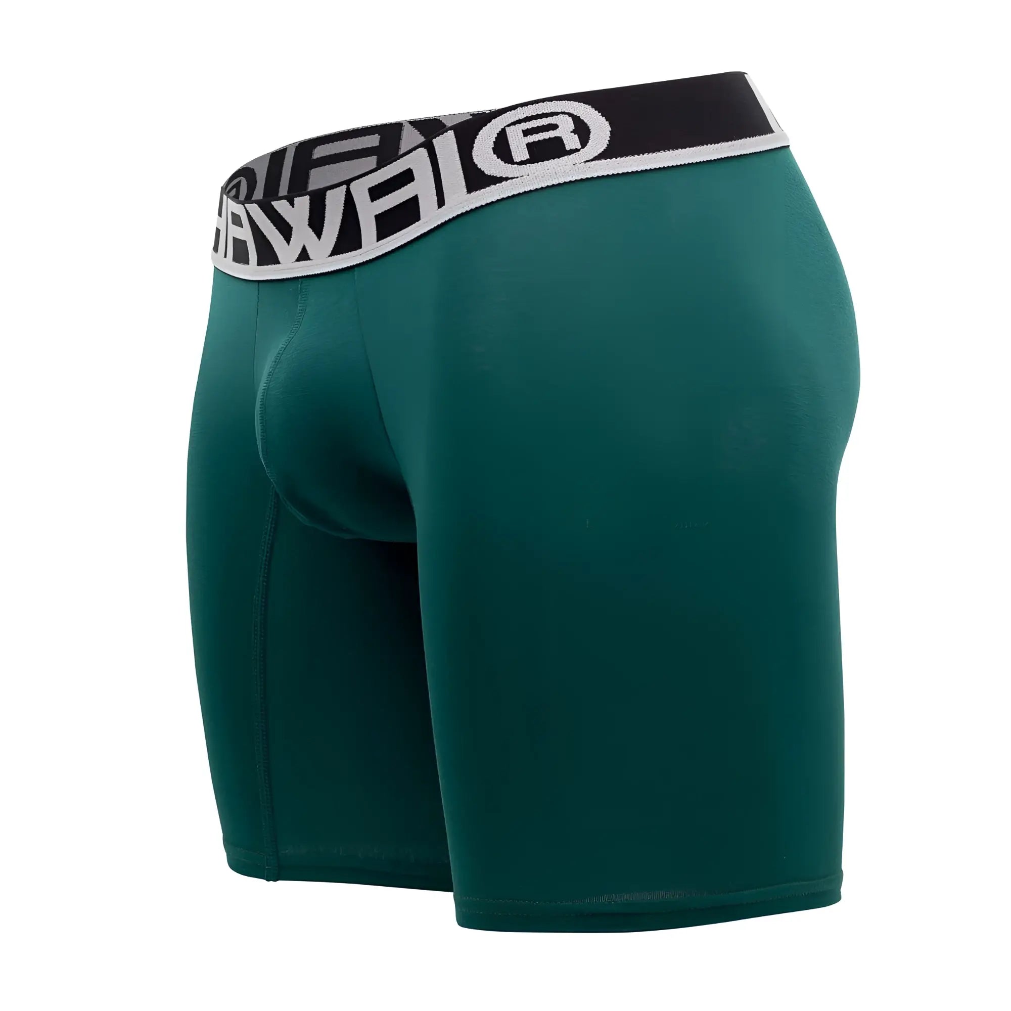 Dark green hawa athletic boxer briefs with black and white elastic waistband featuring hawai logo