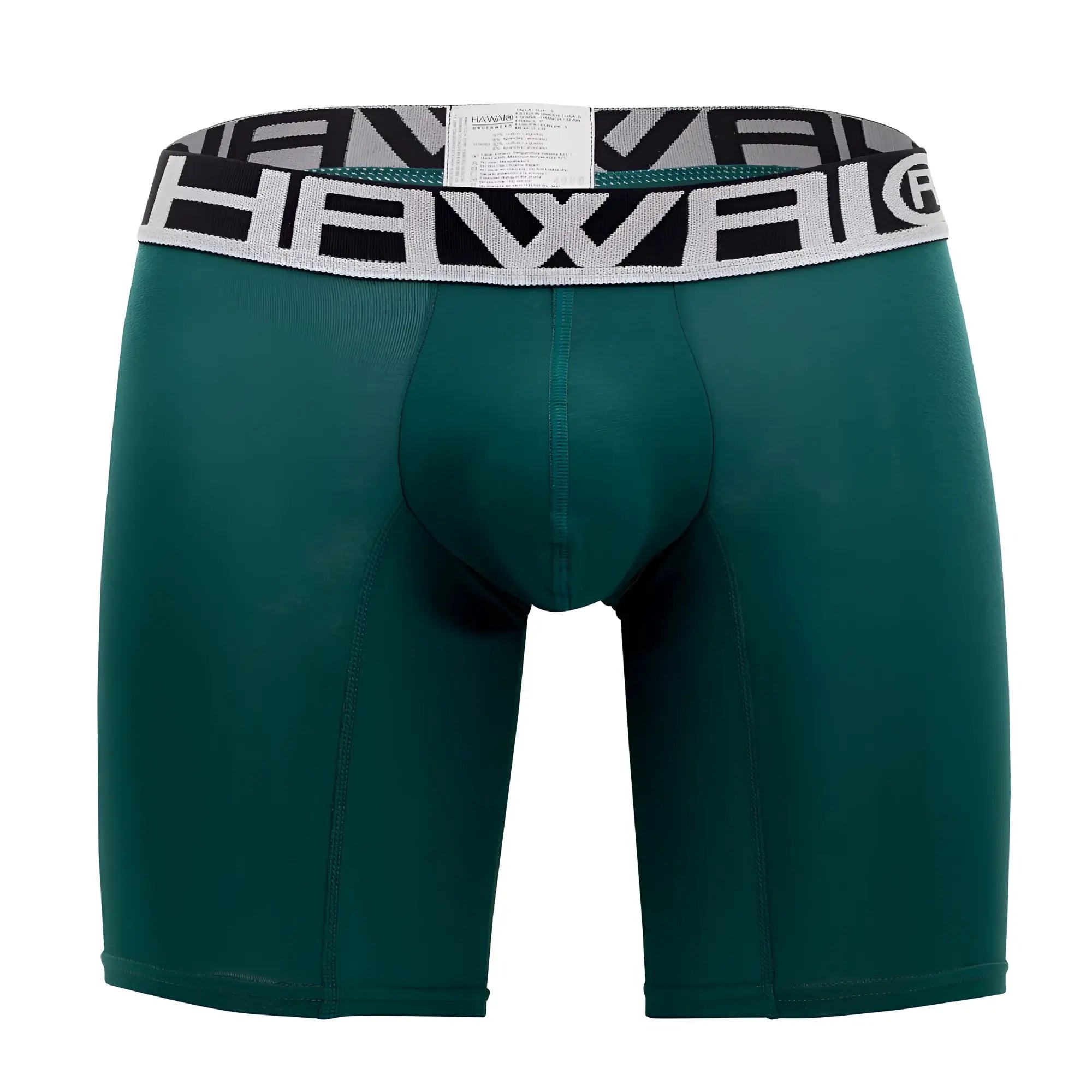 Dark green men’s athletic boxer briefs with black and white patterned waistband featuring hawaii brand name
