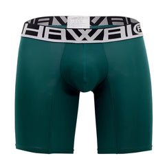 Dark green men’s athletic boxer briefs with black and white patterned waistband featuring hawaii brand name