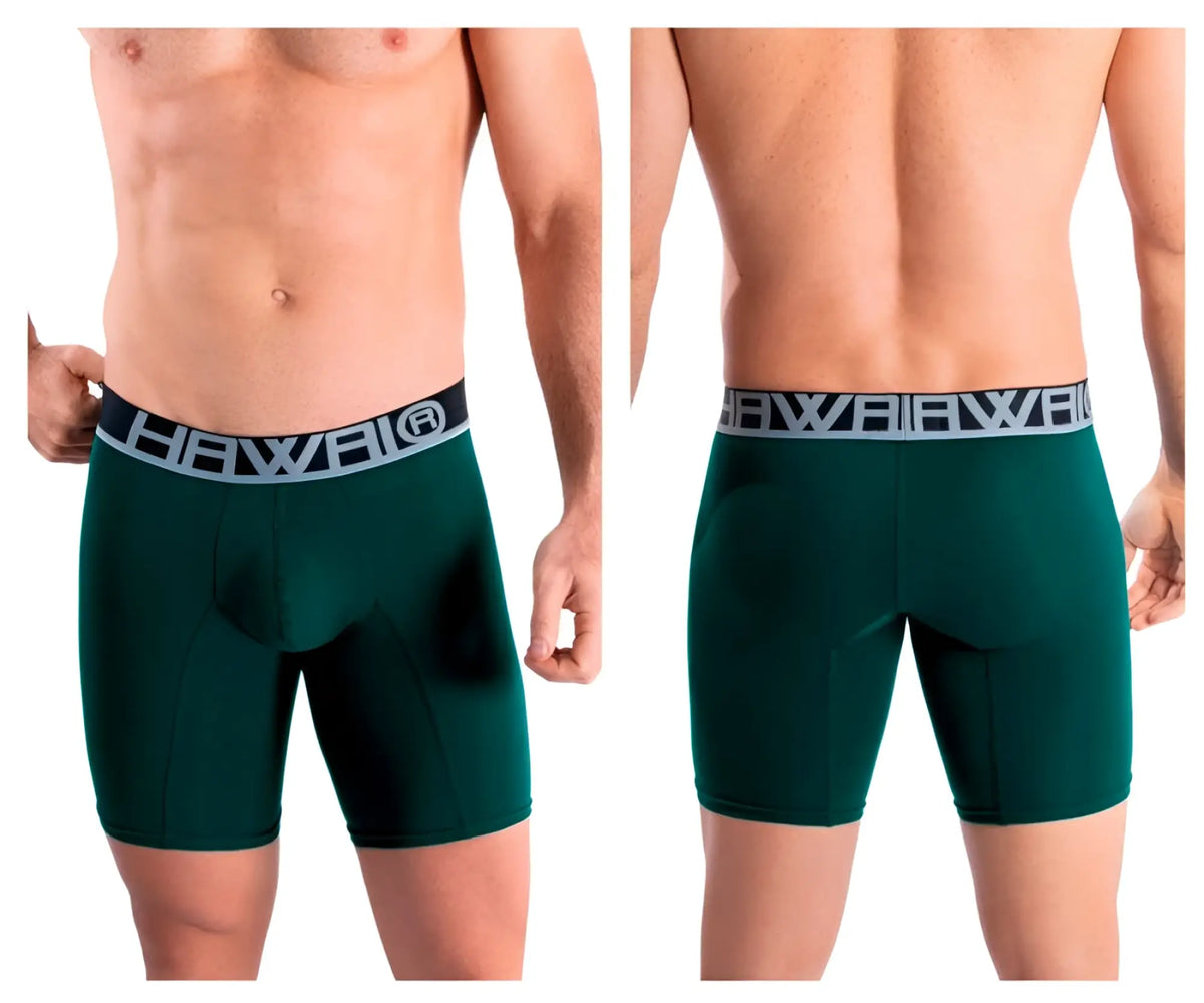 Dark green men’s athletic boxer briefs with black gray waistband featuring hawaii logo model hawai 41903 solid
