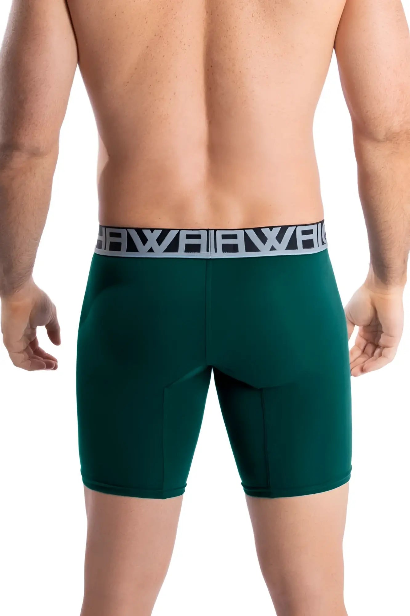 Dark green Hawai 41903 solid athletic boxer briefs with gray elastic waistband and black Hawai logo