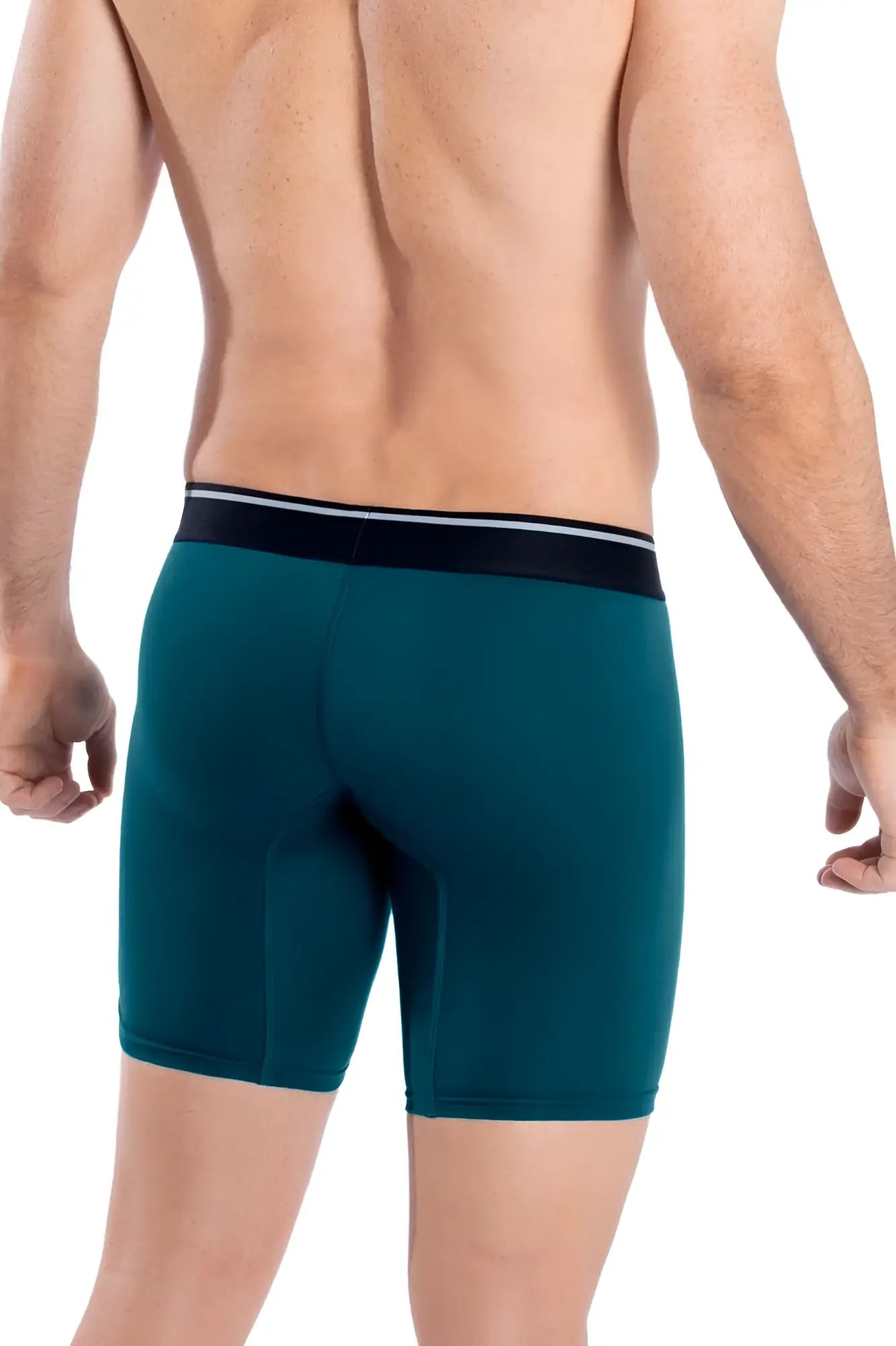 Teal color hawai 41903 solid athletic men’s boxer briefs with black waistband and white trim for active wear