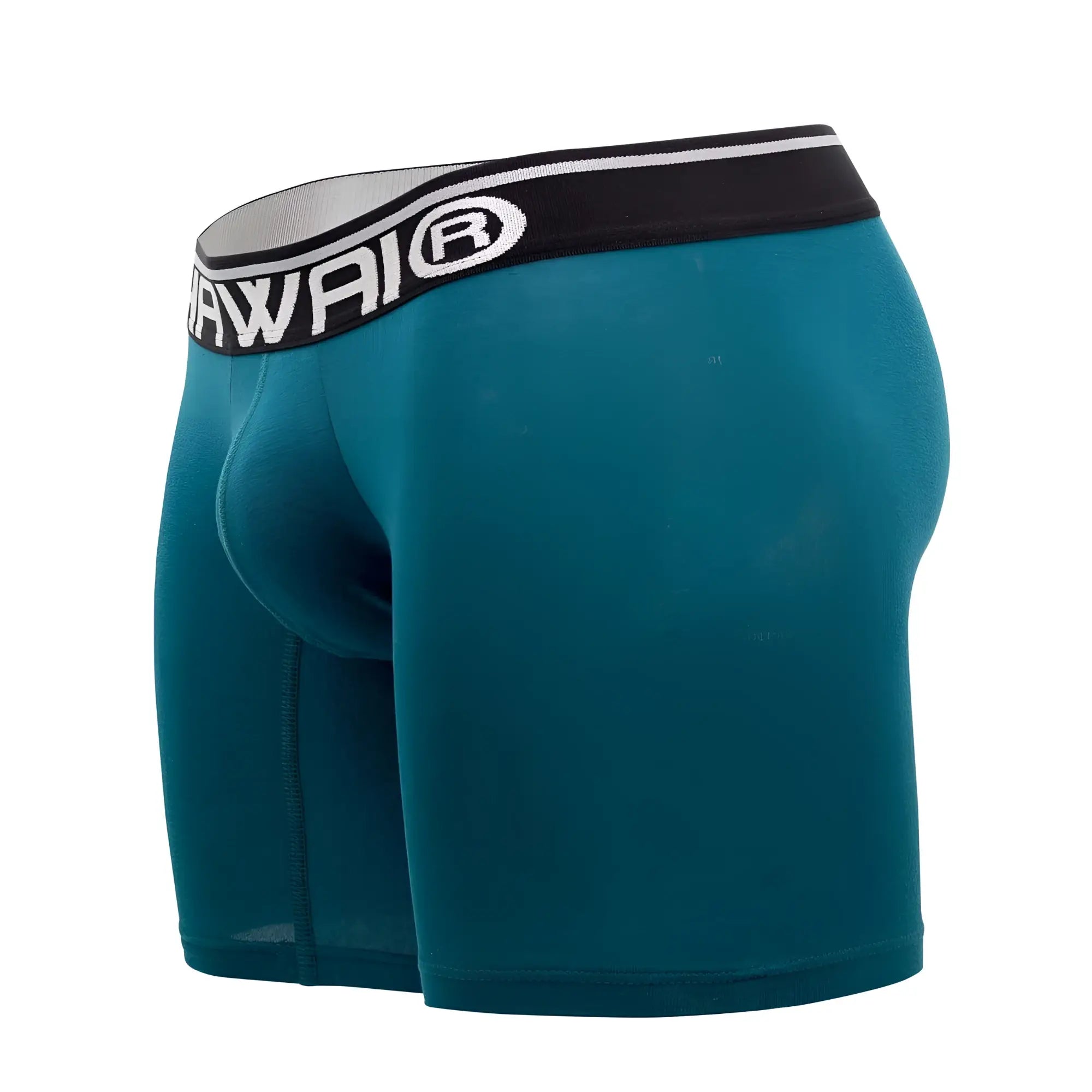 Teal men’s athletic boxer briefs with black waistband and white hawai logo designed for active wear
