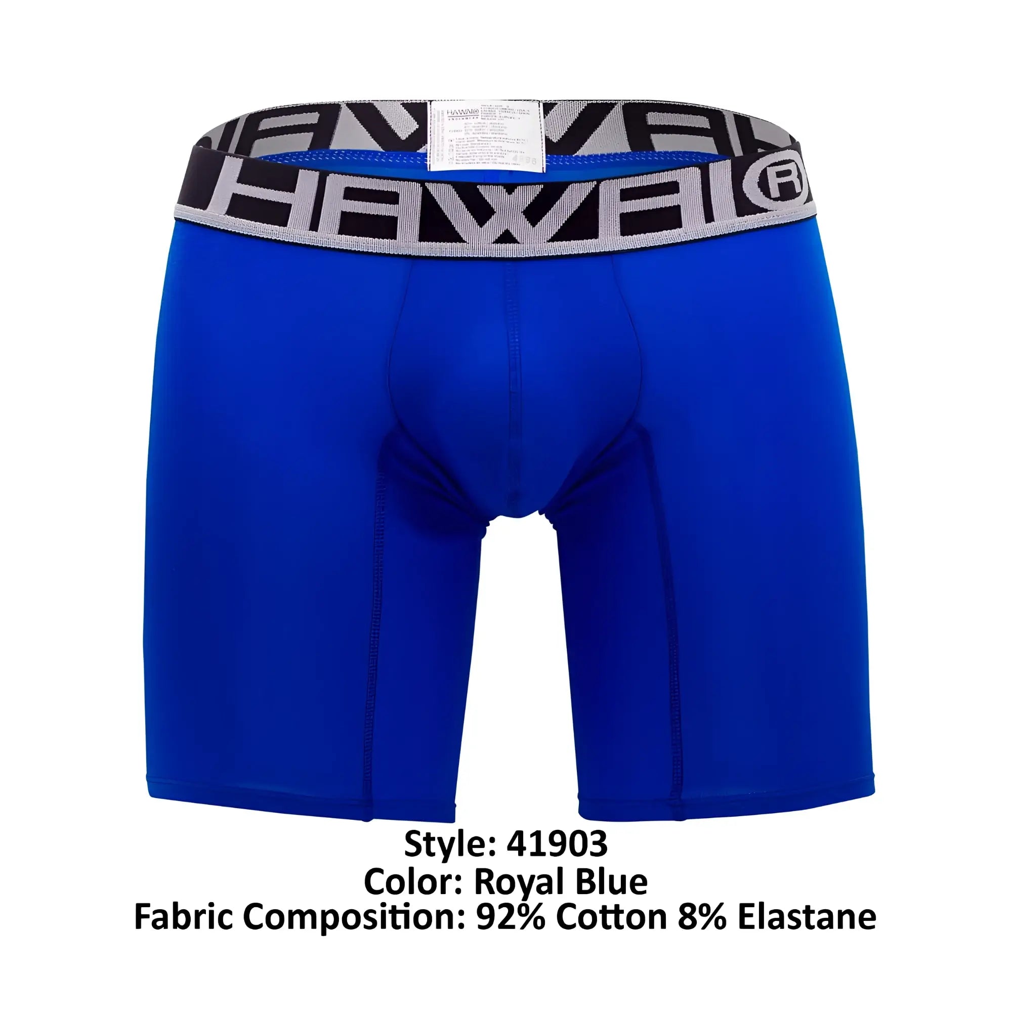 Royal blue hawaï 41903 solid athletic boxer briefs with black and gray patterned waistband featuring brand logo