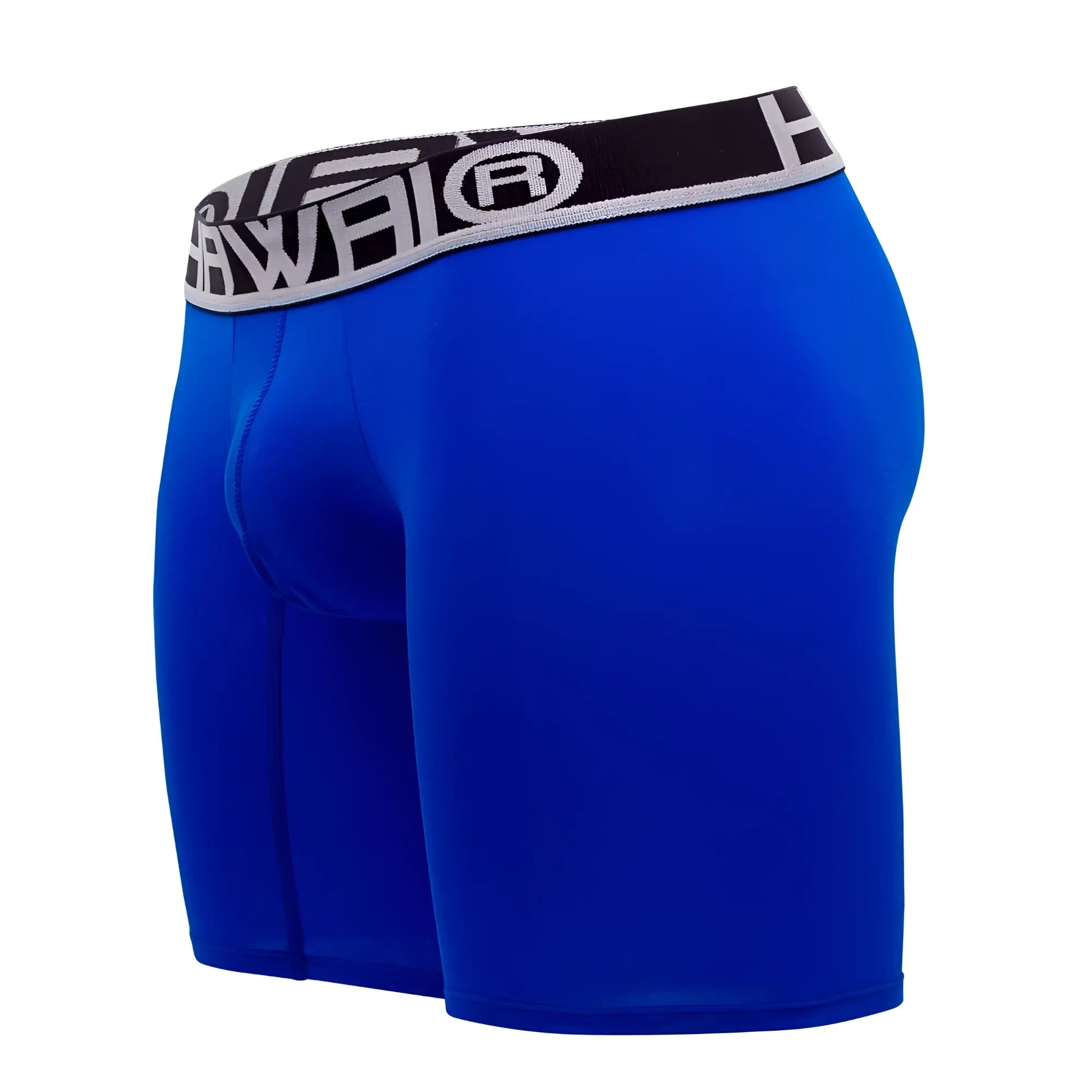 Bright blue royal blue men’s athletic boxer briefs with black gray hawai elastic waistband solid design