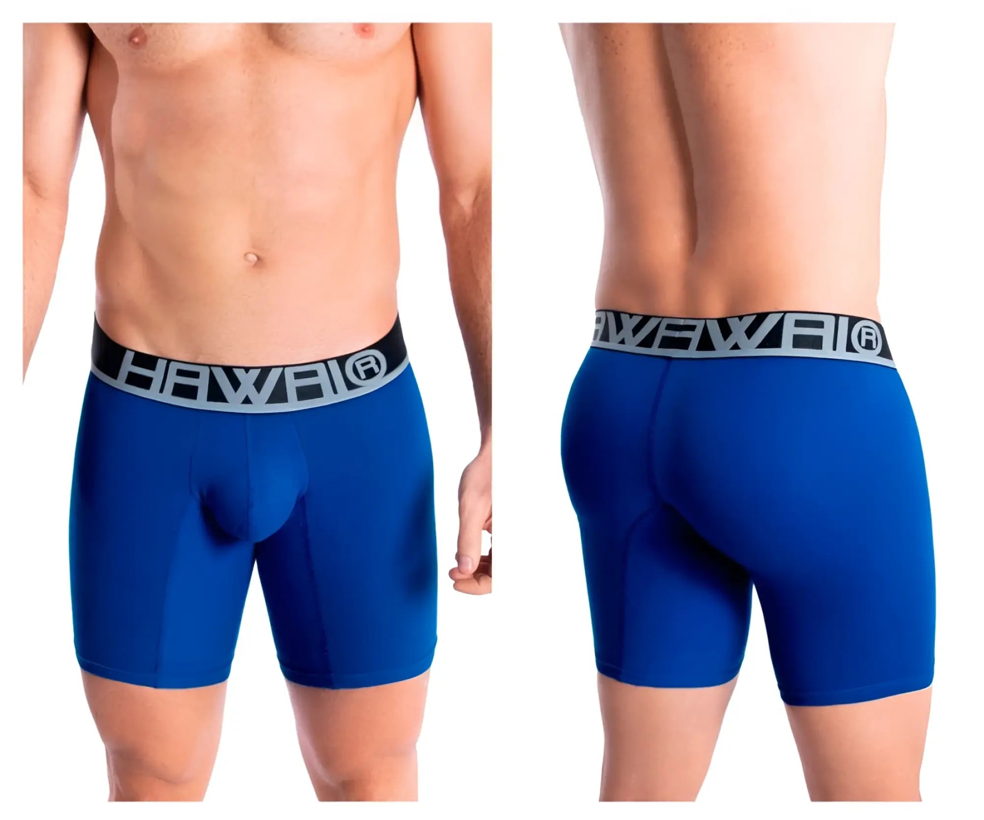 Blue hawai brand royal blue men’s athletic boxer briefs with black waistband and gray lettering