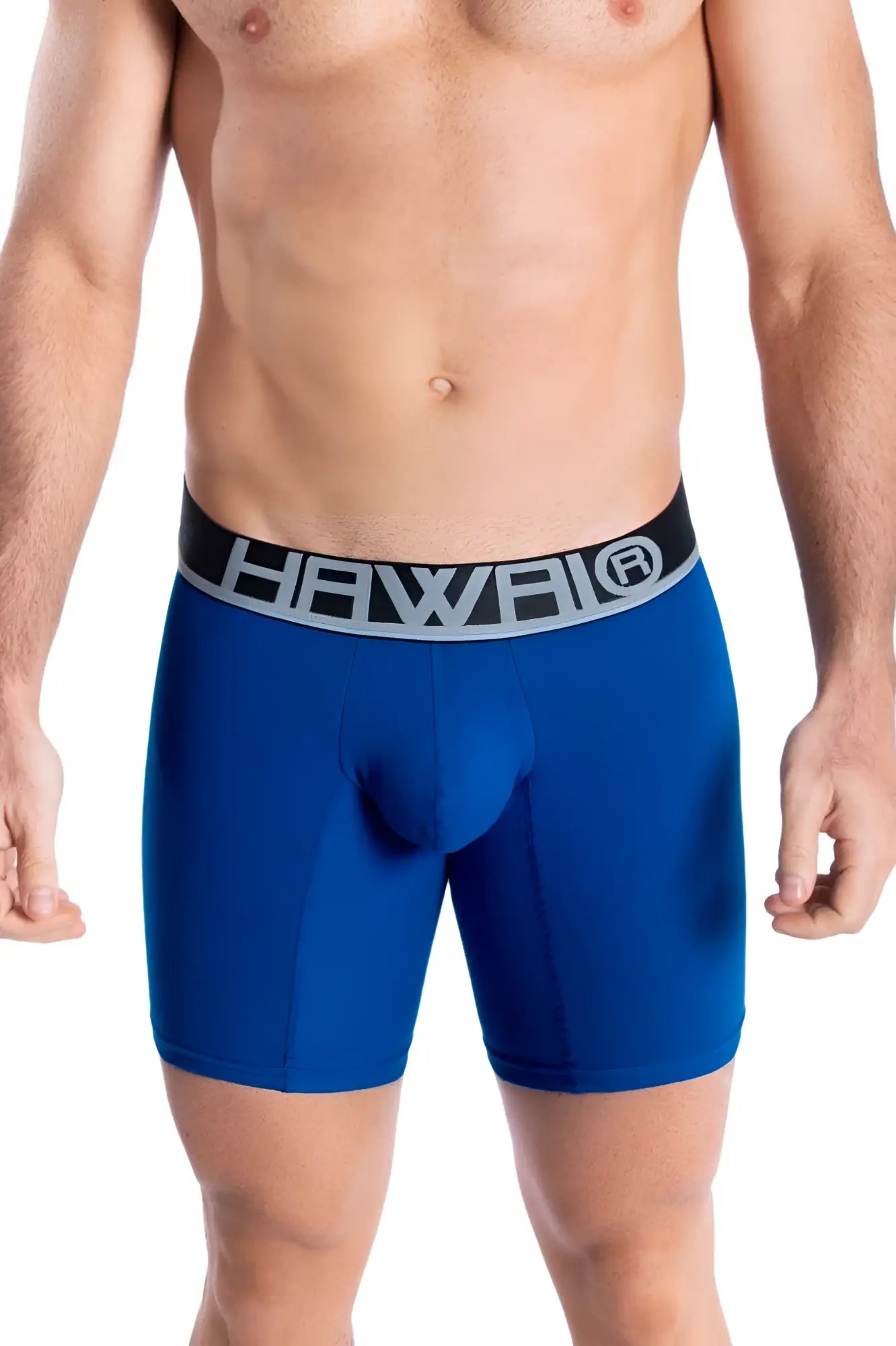 Blue men’s boxer briefs with a black waistband featuring the hawaii logo in silver lettering royal blue color