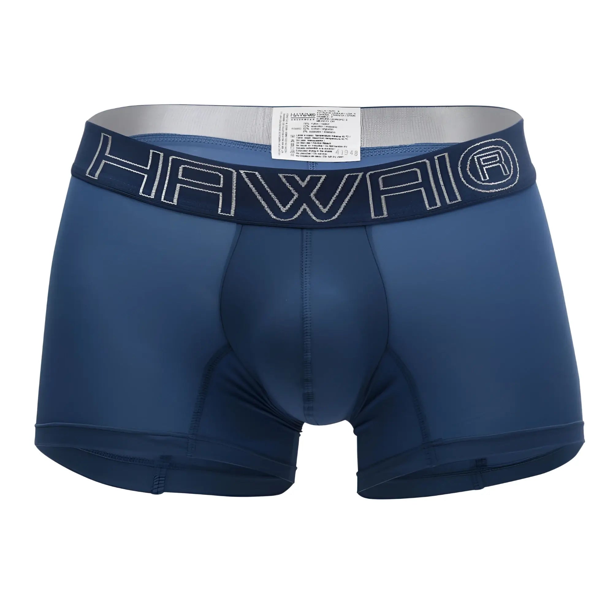 Navy blue Hawaii 41948 boxer briefs with silver logo trim on waistband offering comfortable support