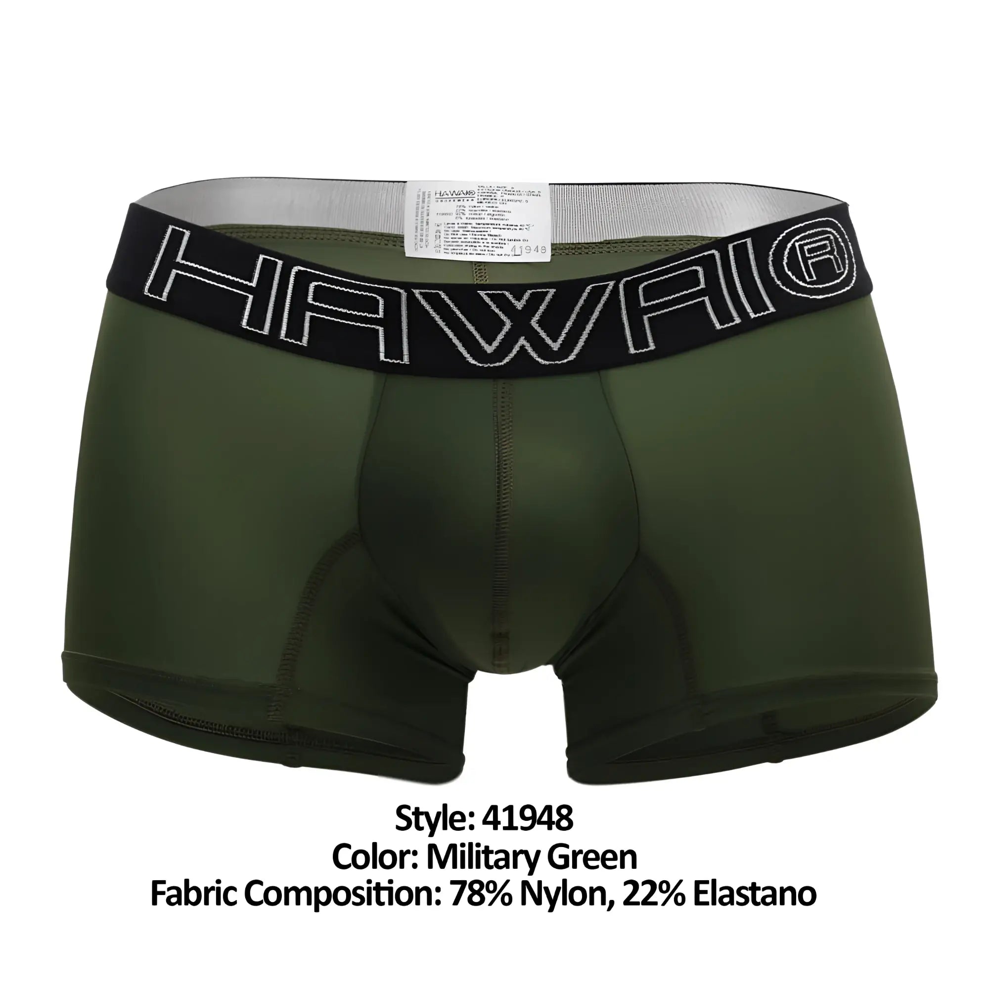 Military green Hawaii brand boxer briefs with black waistband and white outlined lettering for comfortable wear