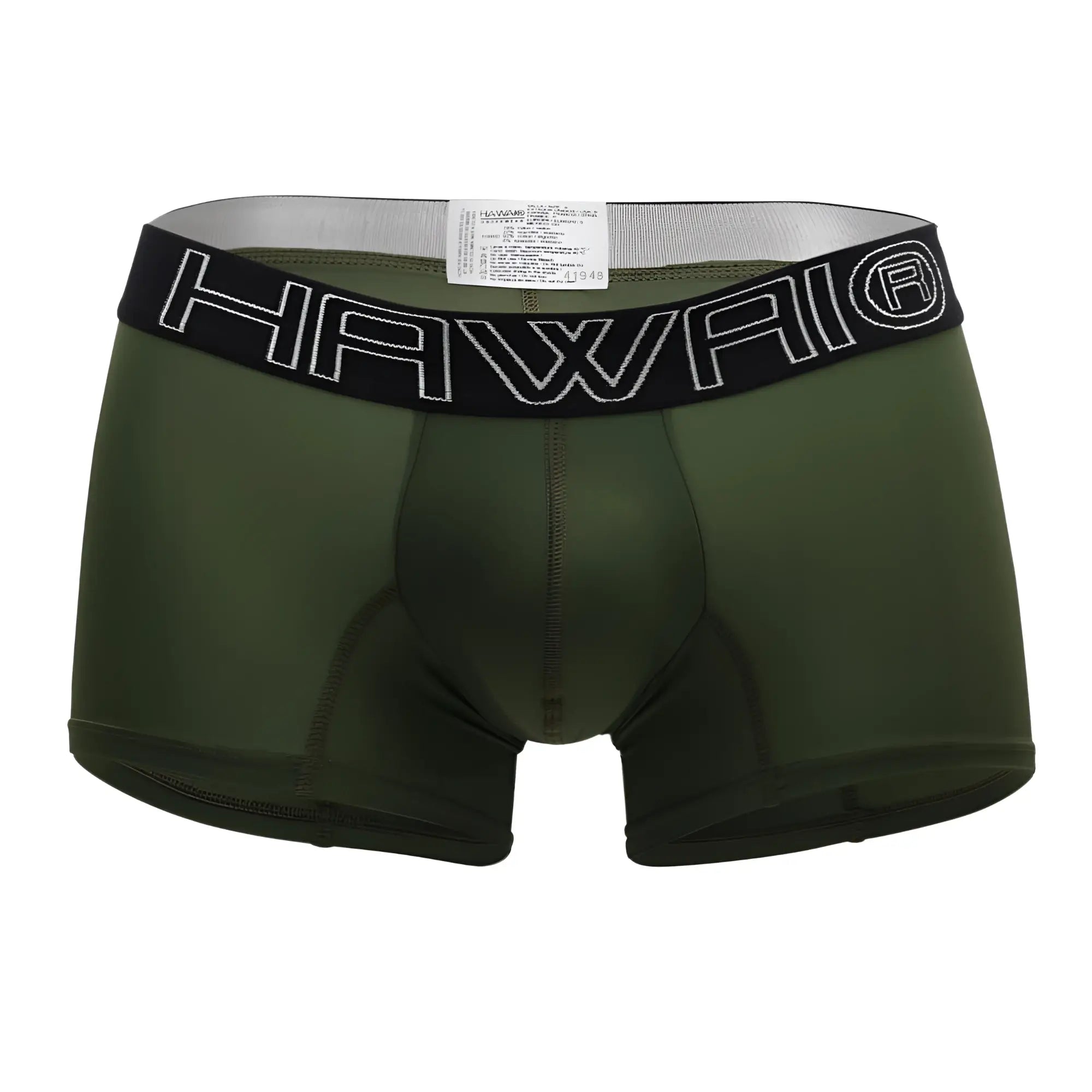 Olive green men’s boxer briefs with black waistband featuring hawaii logo in white outlined lettering military green