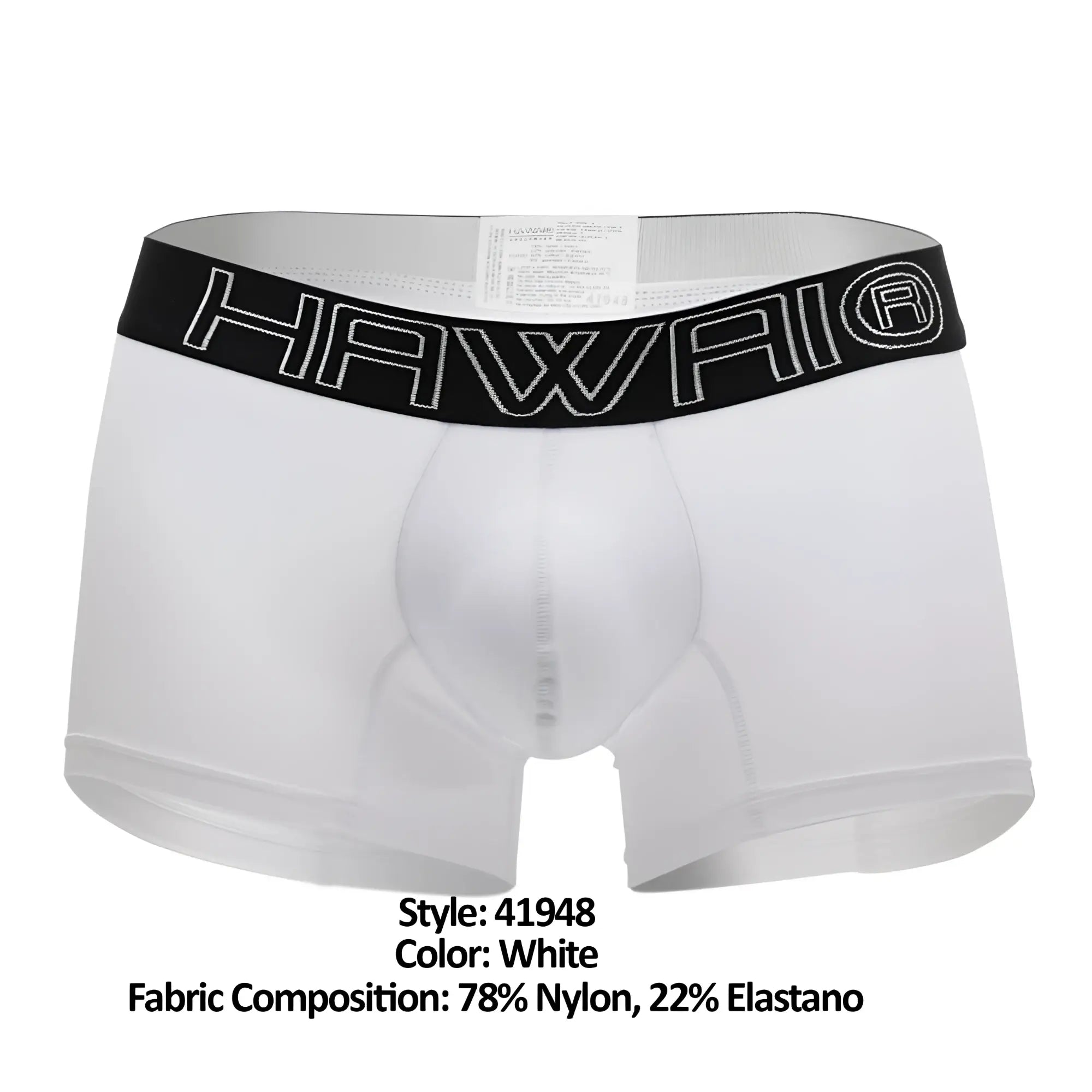 White Hawaii 41948 boxer briefs with black elastic waistband featuring white outlined lettering in front view