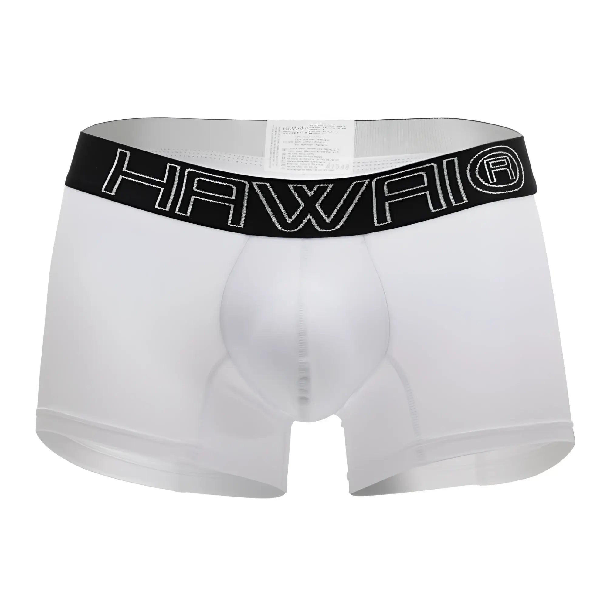 White hawaii boxer briefs with black elastic waistband featuring white outlined brand name lettering in front view