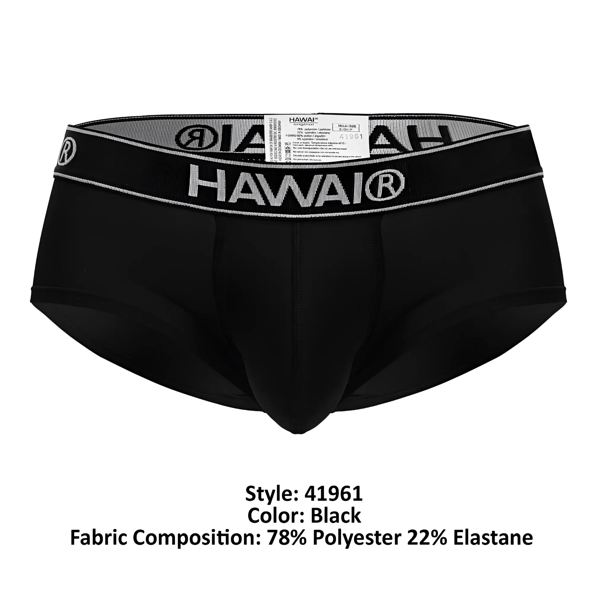 Black hawai microfiber briefs in black with a gray and white logo band showing the front side of the product