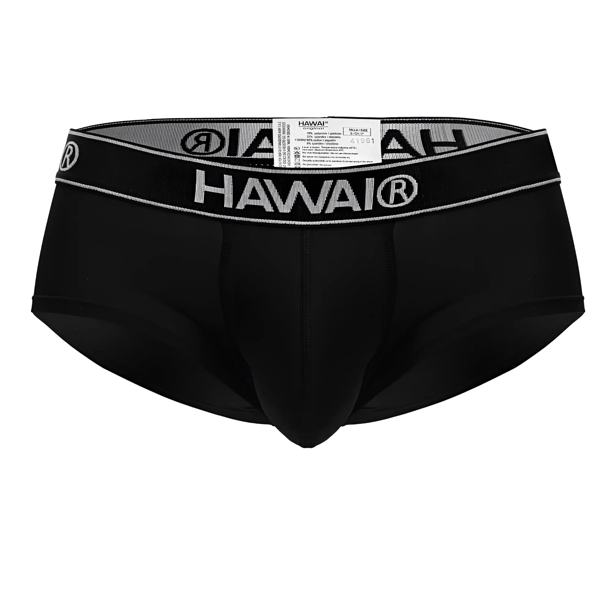 Black hawai 41961 microfiber men’s briefs in black with gray waistband featuring bold white brand name