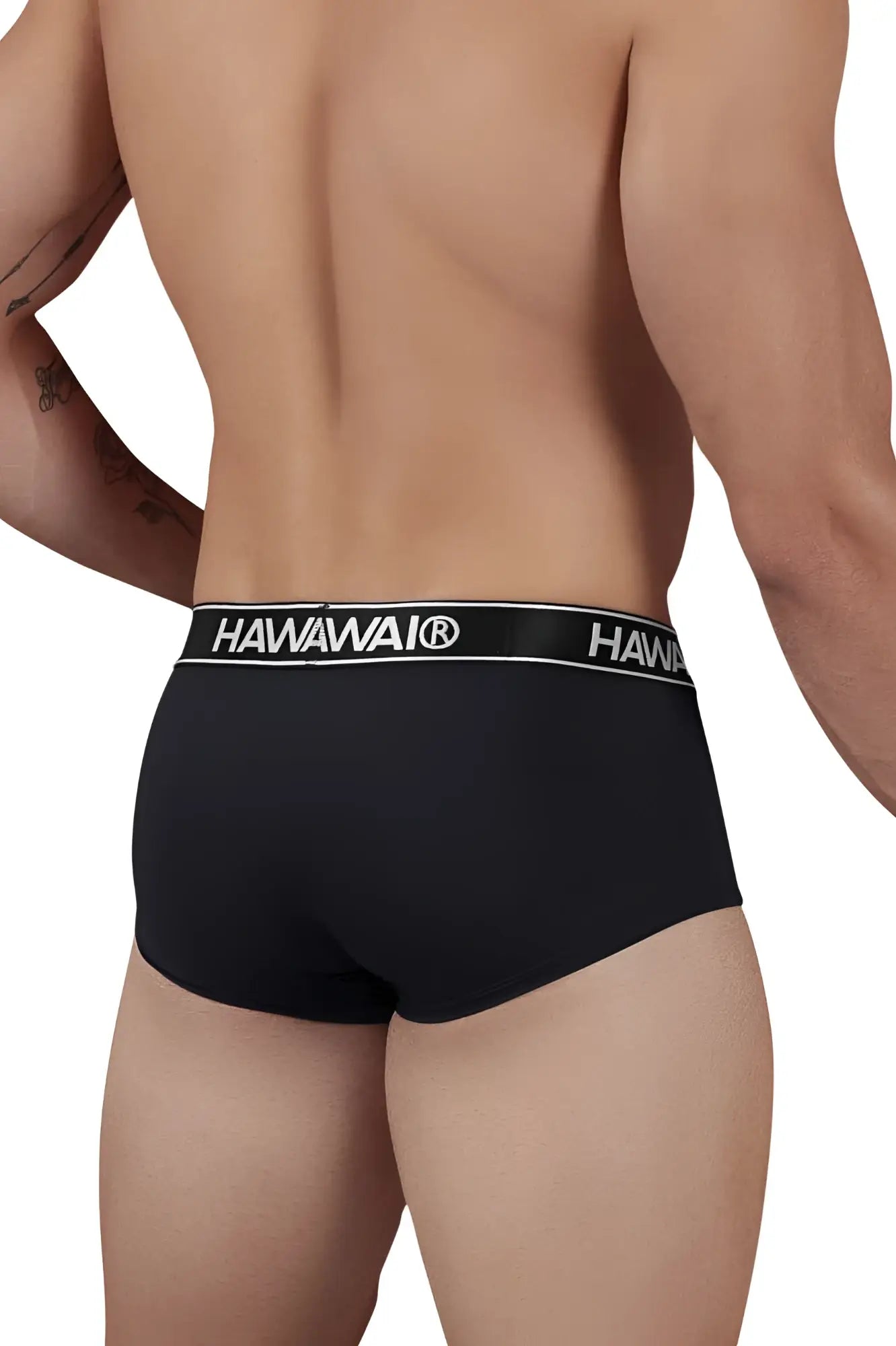 Black hawaii microfiber briefs in black with a white elastic waistband featuring bold brand lettering