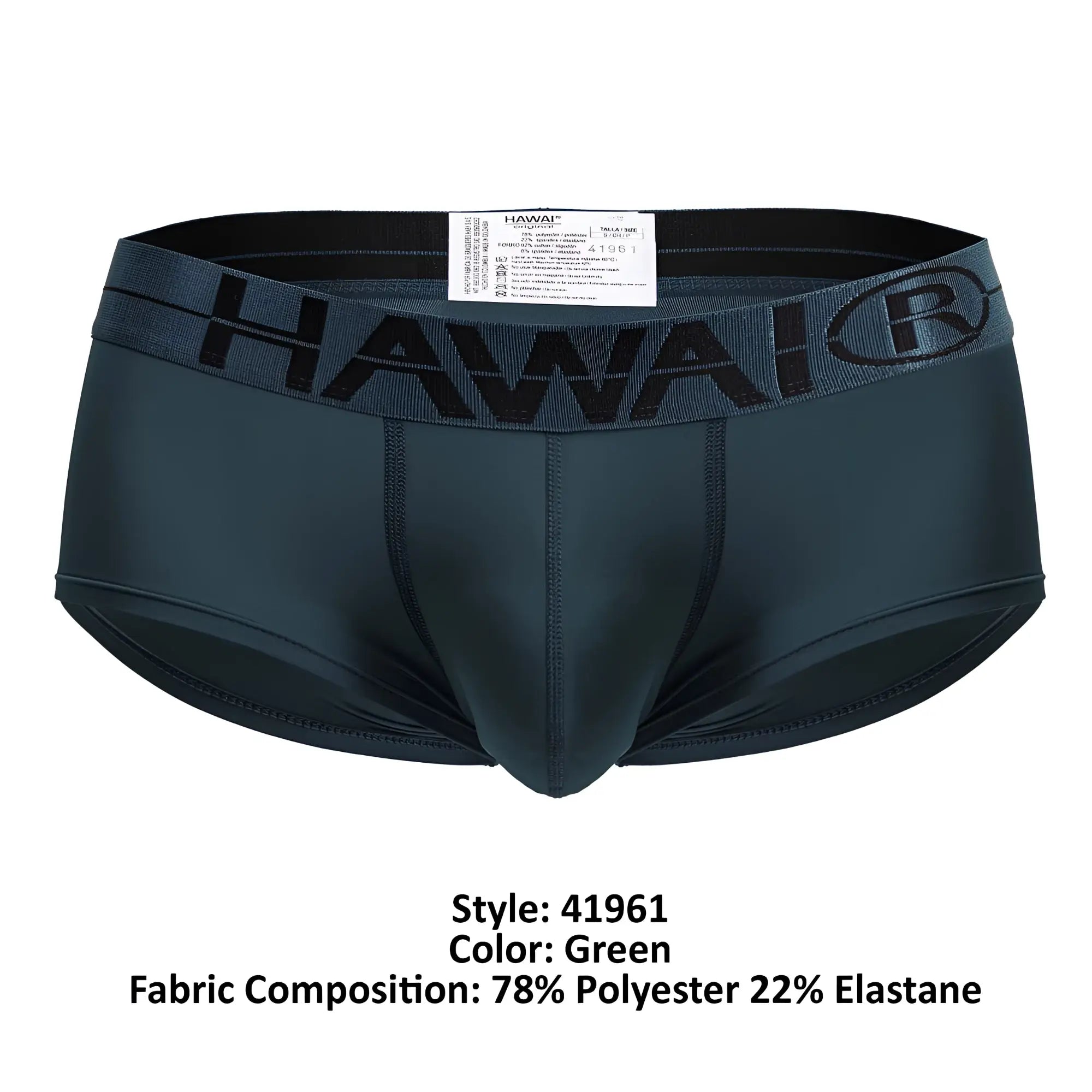 Dark green Hawaii microfiber briefs with black elastic waistband featuring brand name and logo HAWAI 41961 model