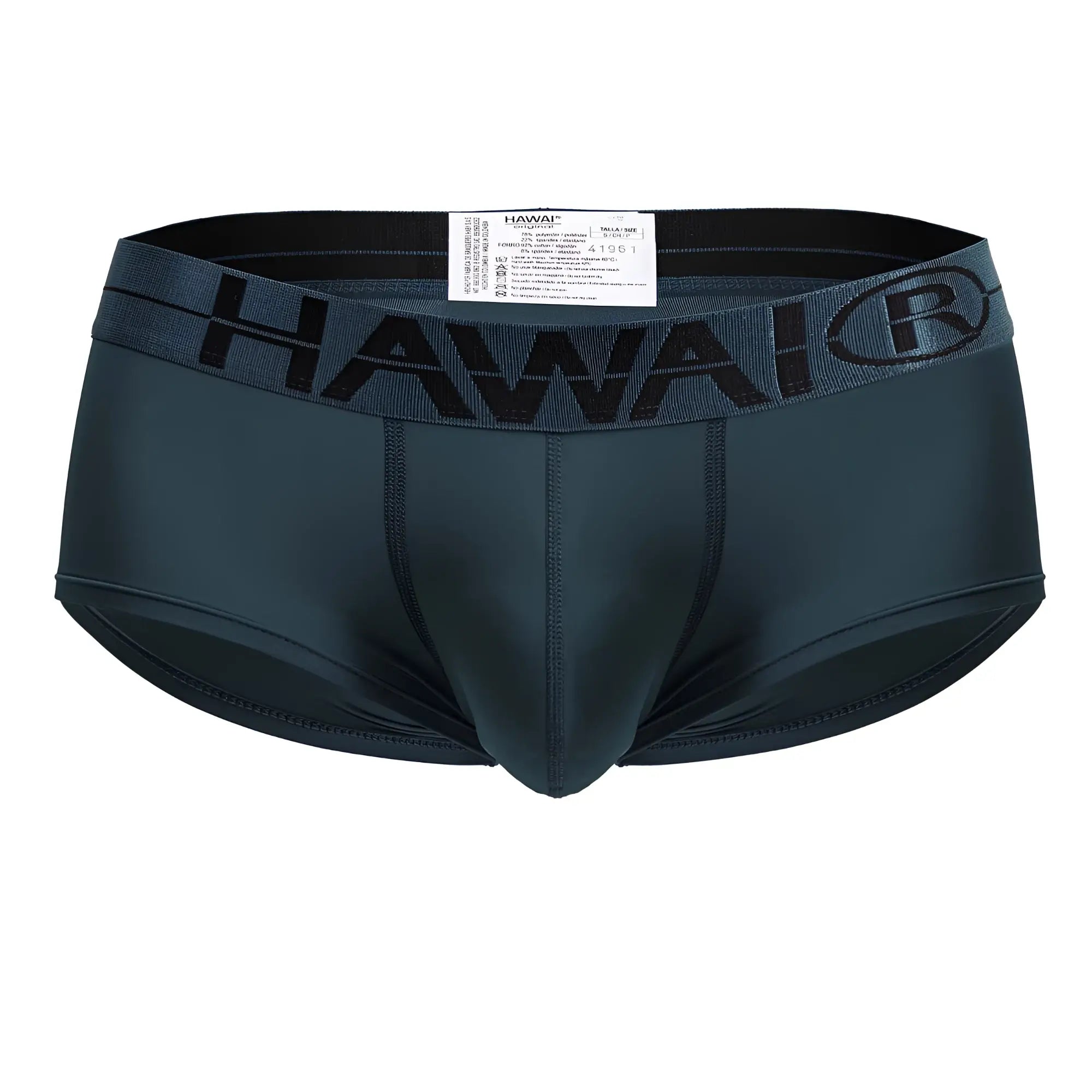 Dark teal hawaii men’s microfiber briefs with a black elastic waistband featuring the brand logo in green color