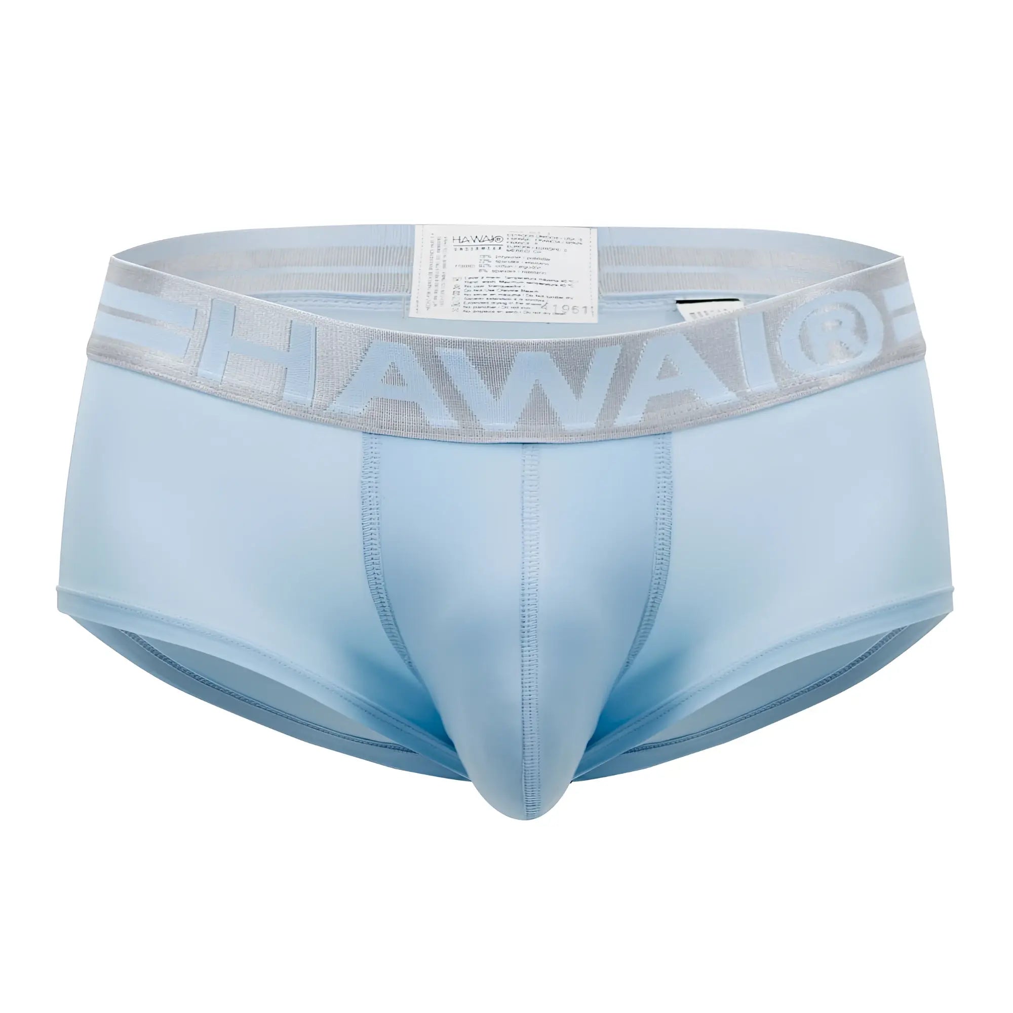 Light blue hawaii 41961 microfiber men’s briefs with gray elastic waistband and raised hawaii logo