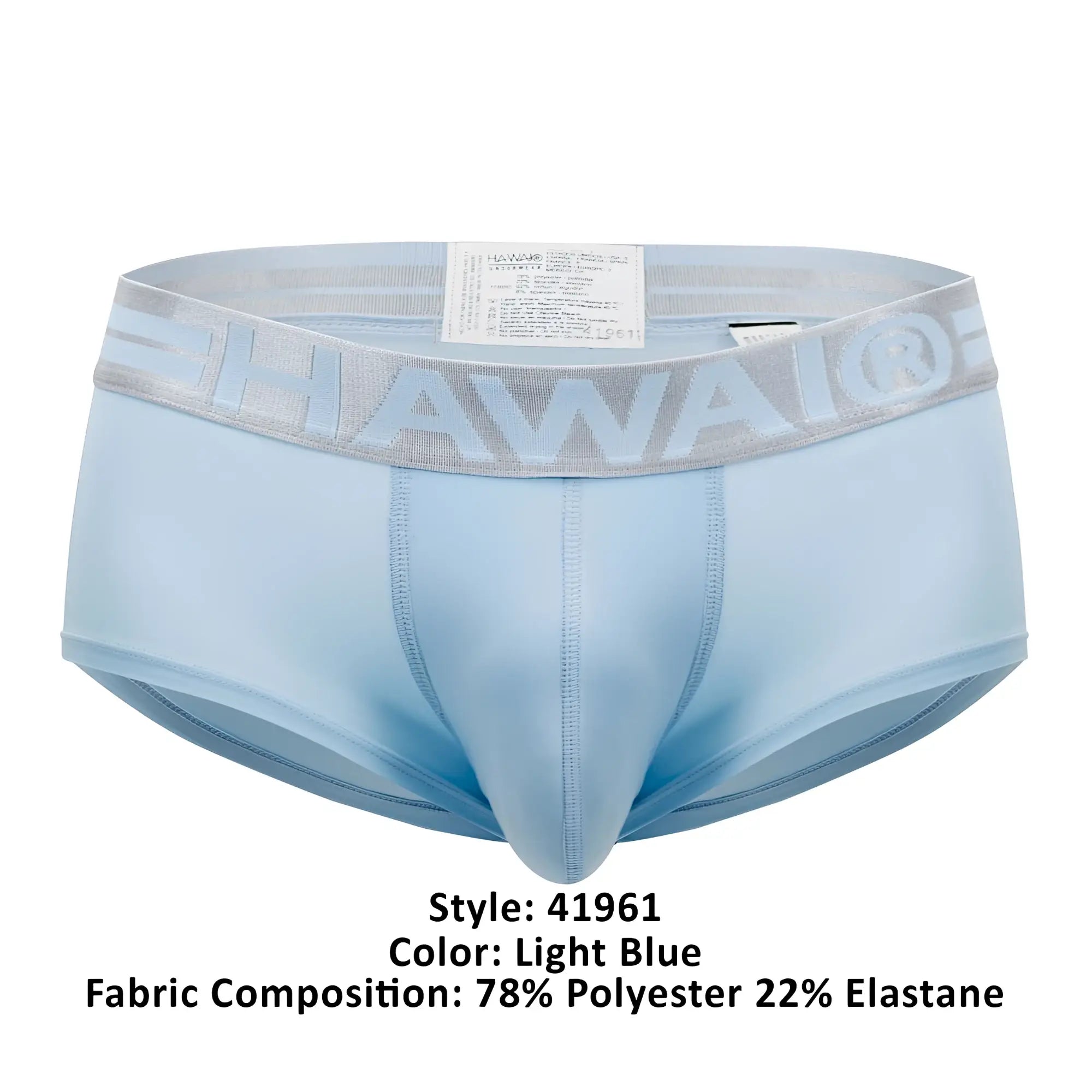 Light blue hawaii 41961 microfiber men’s briefs with gray elastic waistband and raised hawaii logo