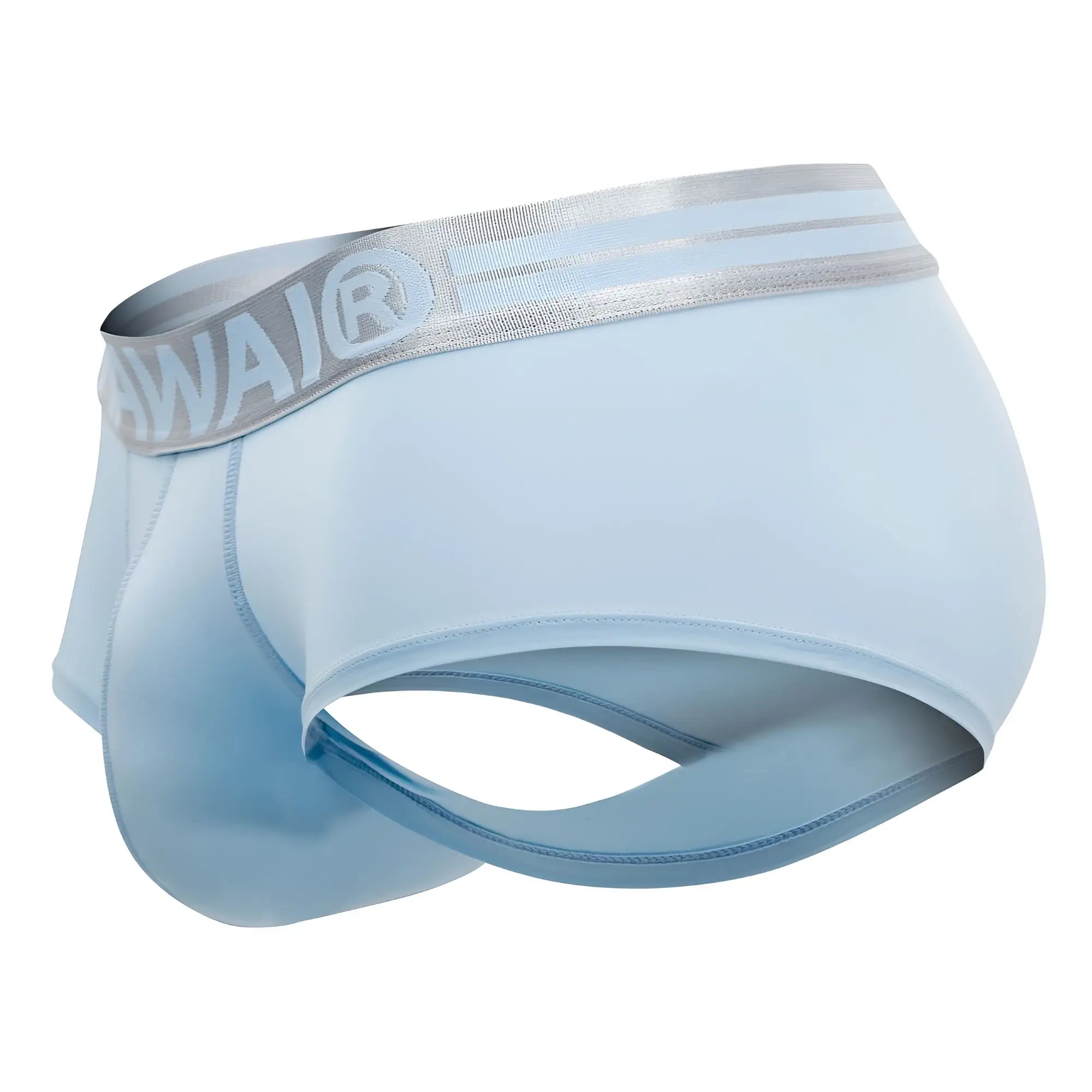 Light blue men’s microfiber briefs with a silver elastic waistband featuring the awaijr logo hawai 41961 model