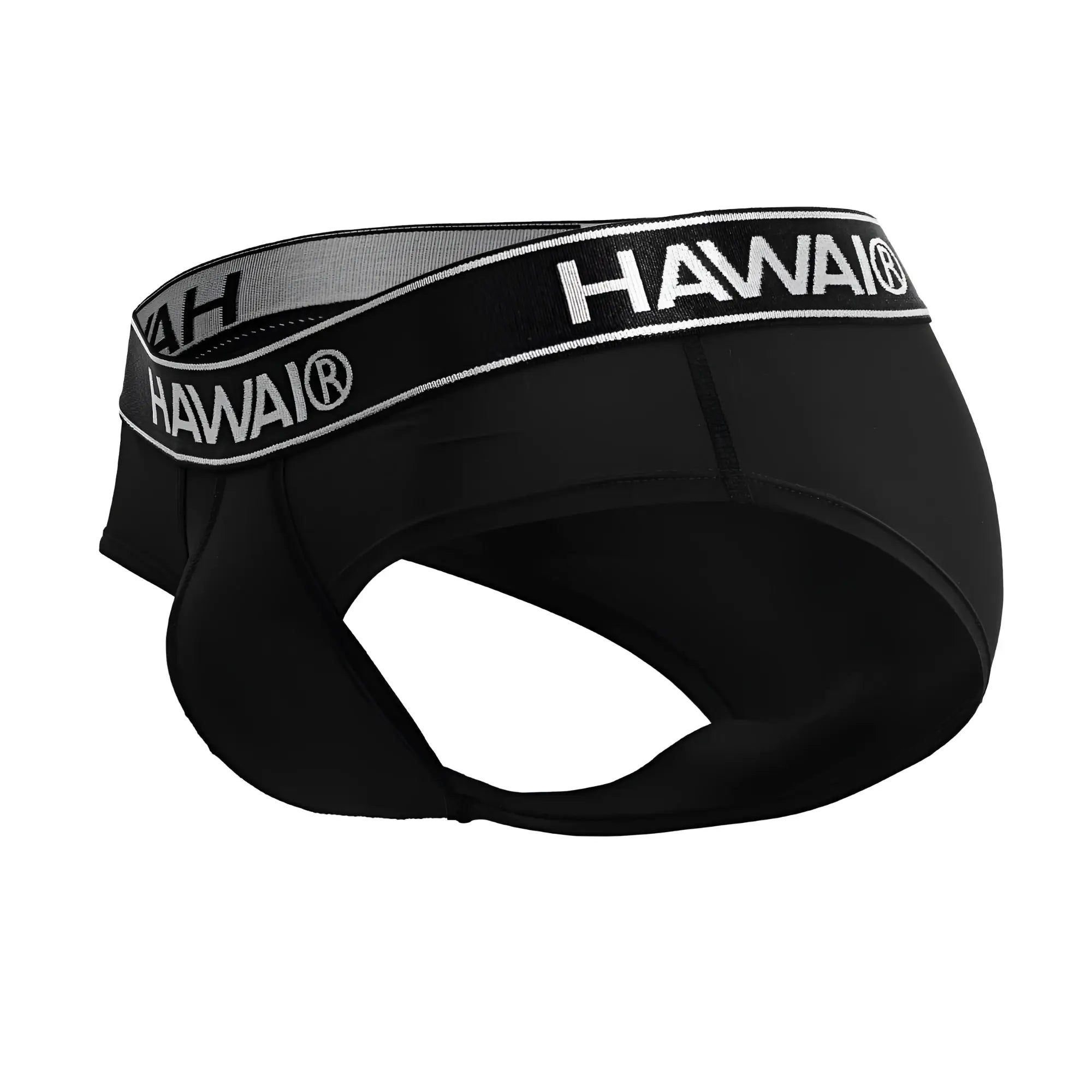 Black Hawai 41963 microfiber briefs in black with a gray and white elastic waistband featuring bold logo lettering