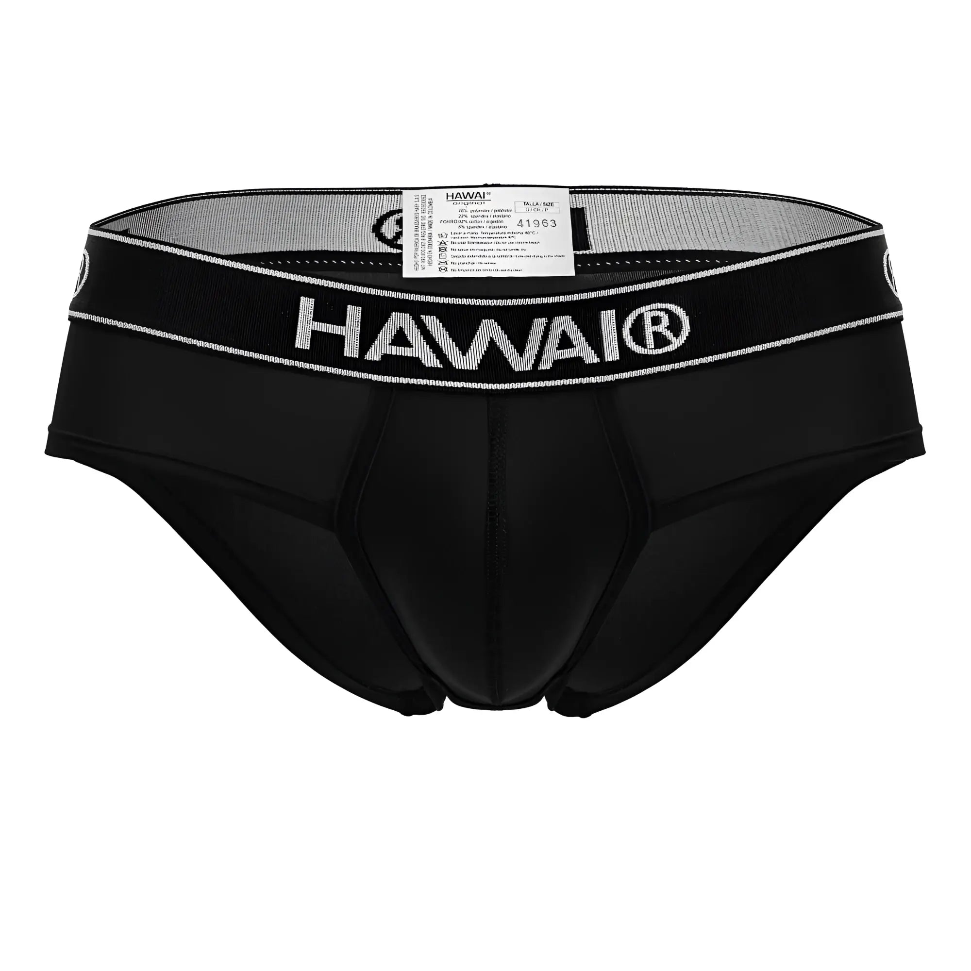 Black Hawai 41963 microfiber briefs in black with a sleek form-fitting design and silver-trimmed waistband