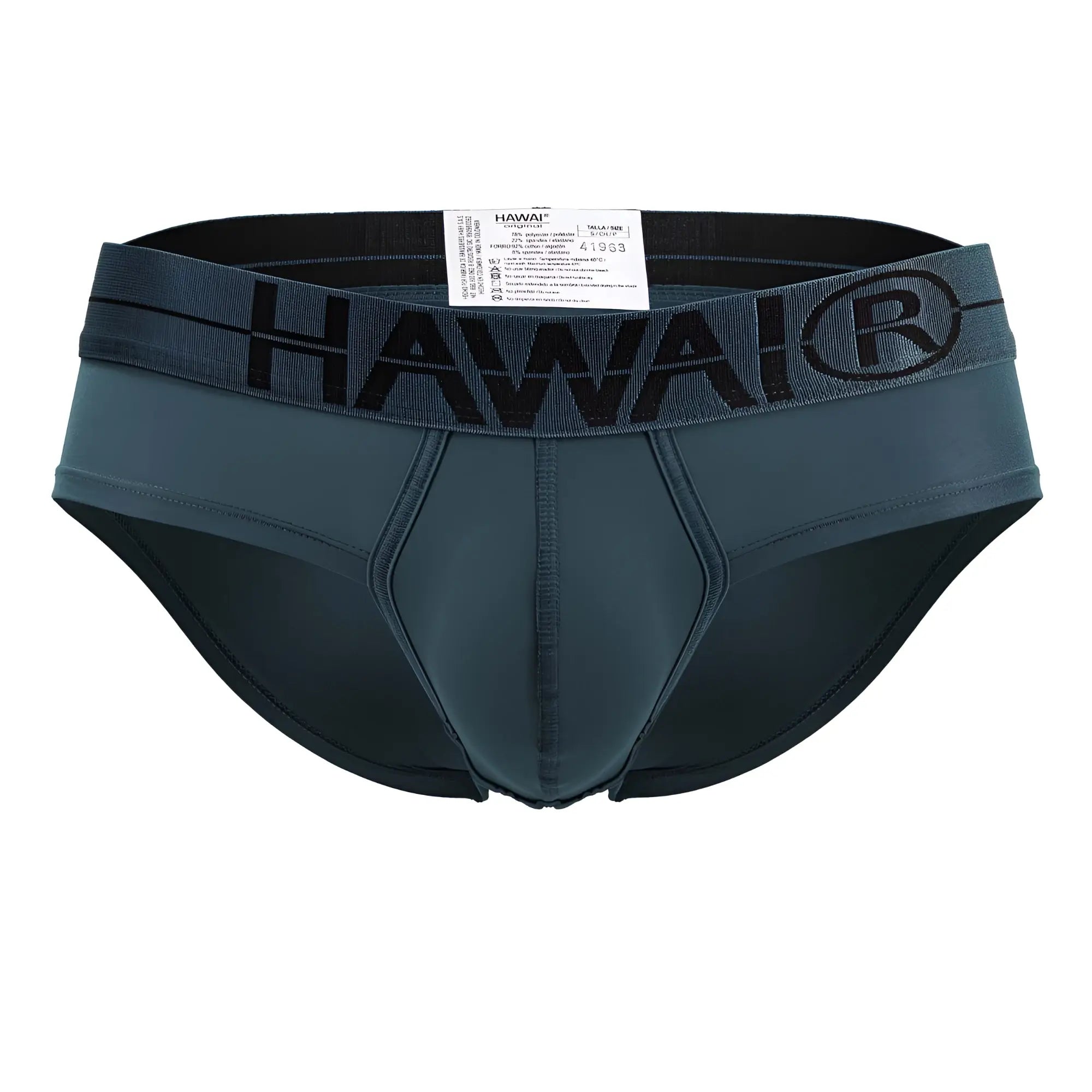 Dark teal hawaii microfiber briefs with black elastic waistband featuring hawai logo in green color