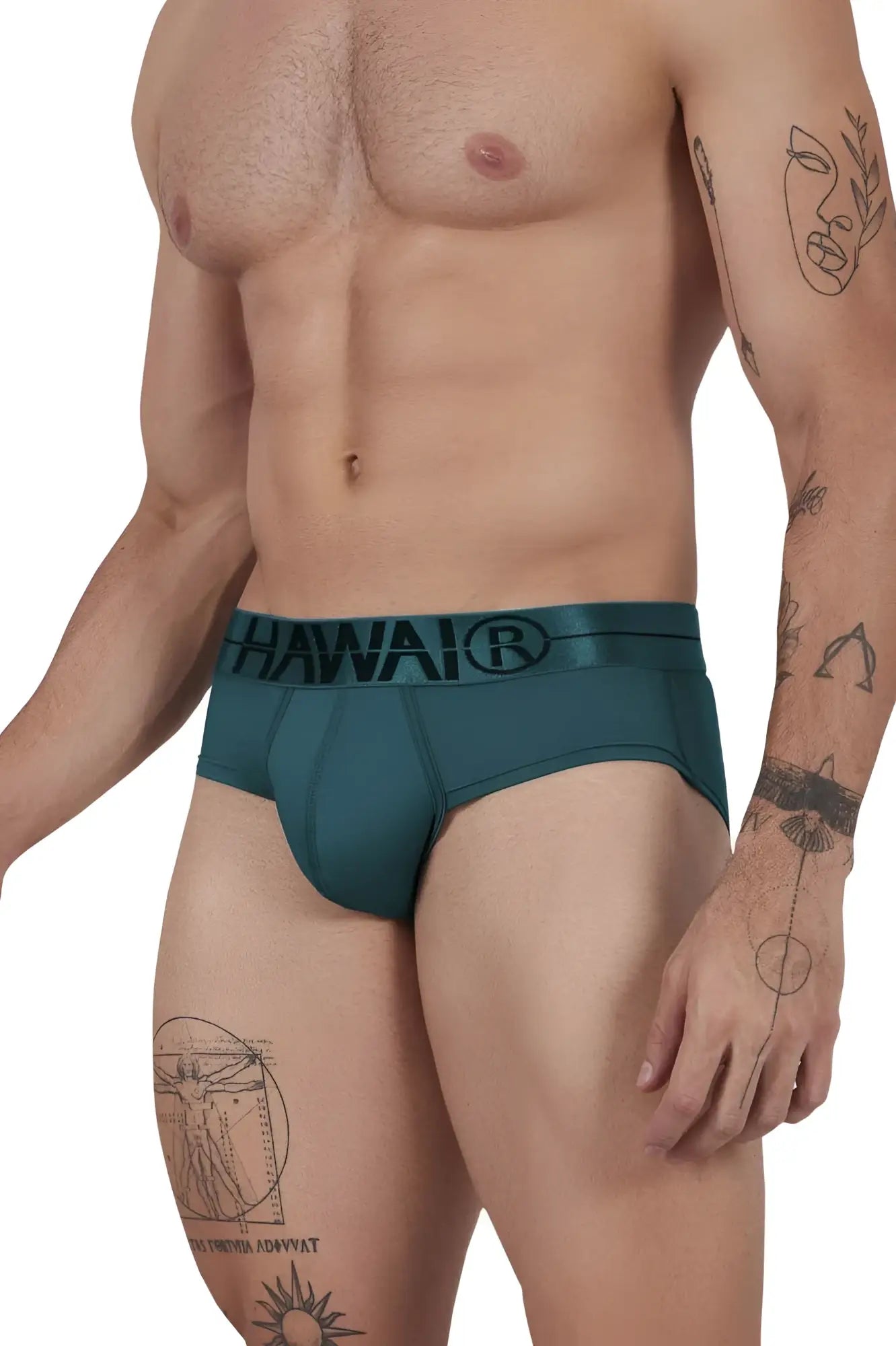 Teal green microfiber men’s briefs with a black hawai logo waistband designed for comfort and style