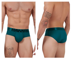 Teal microfiber men’s briefs with a black hawaii logo on the waistband in the color green