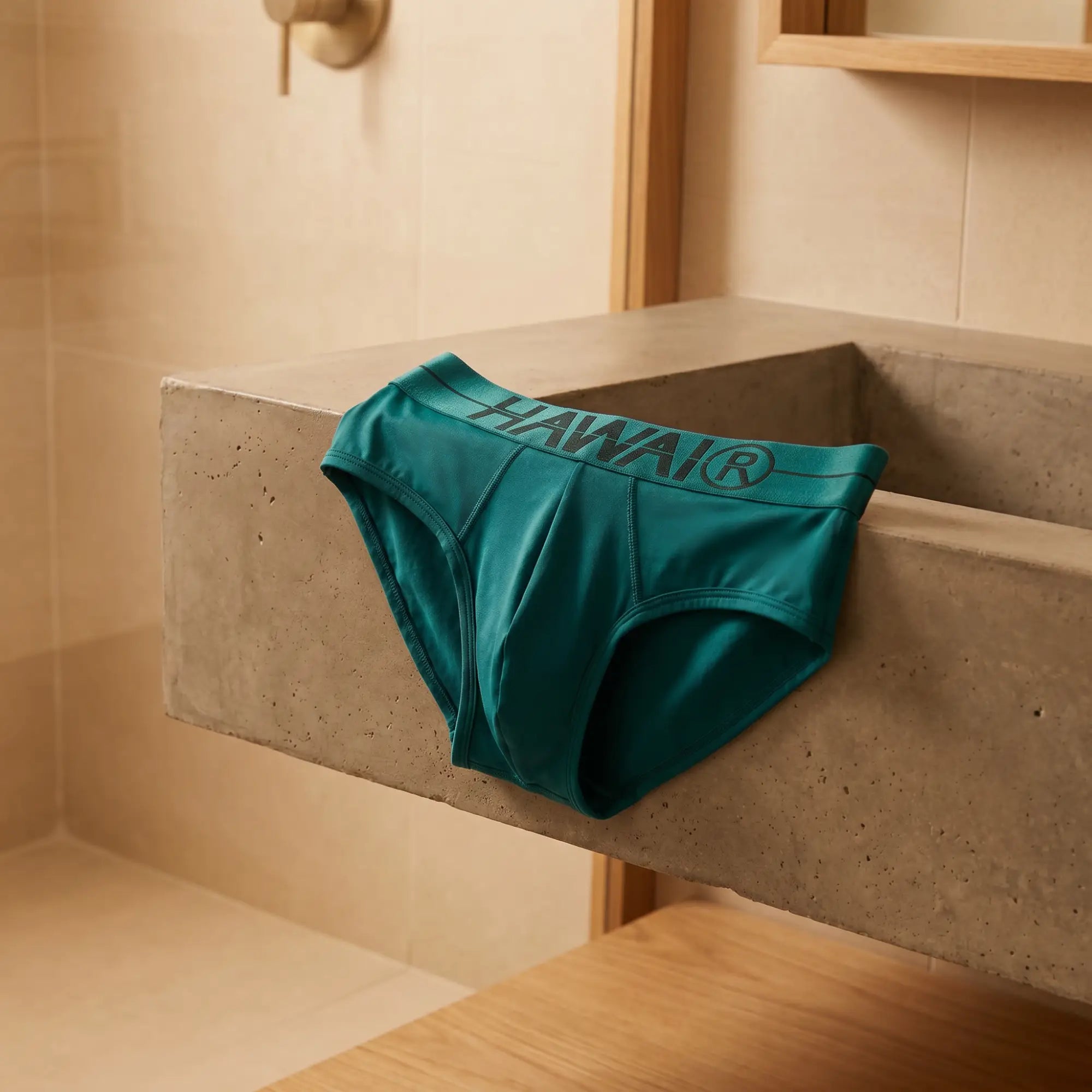 Teal microfiber mens briefs on concrete counter — Featured Clearance banner lifestyle product shot