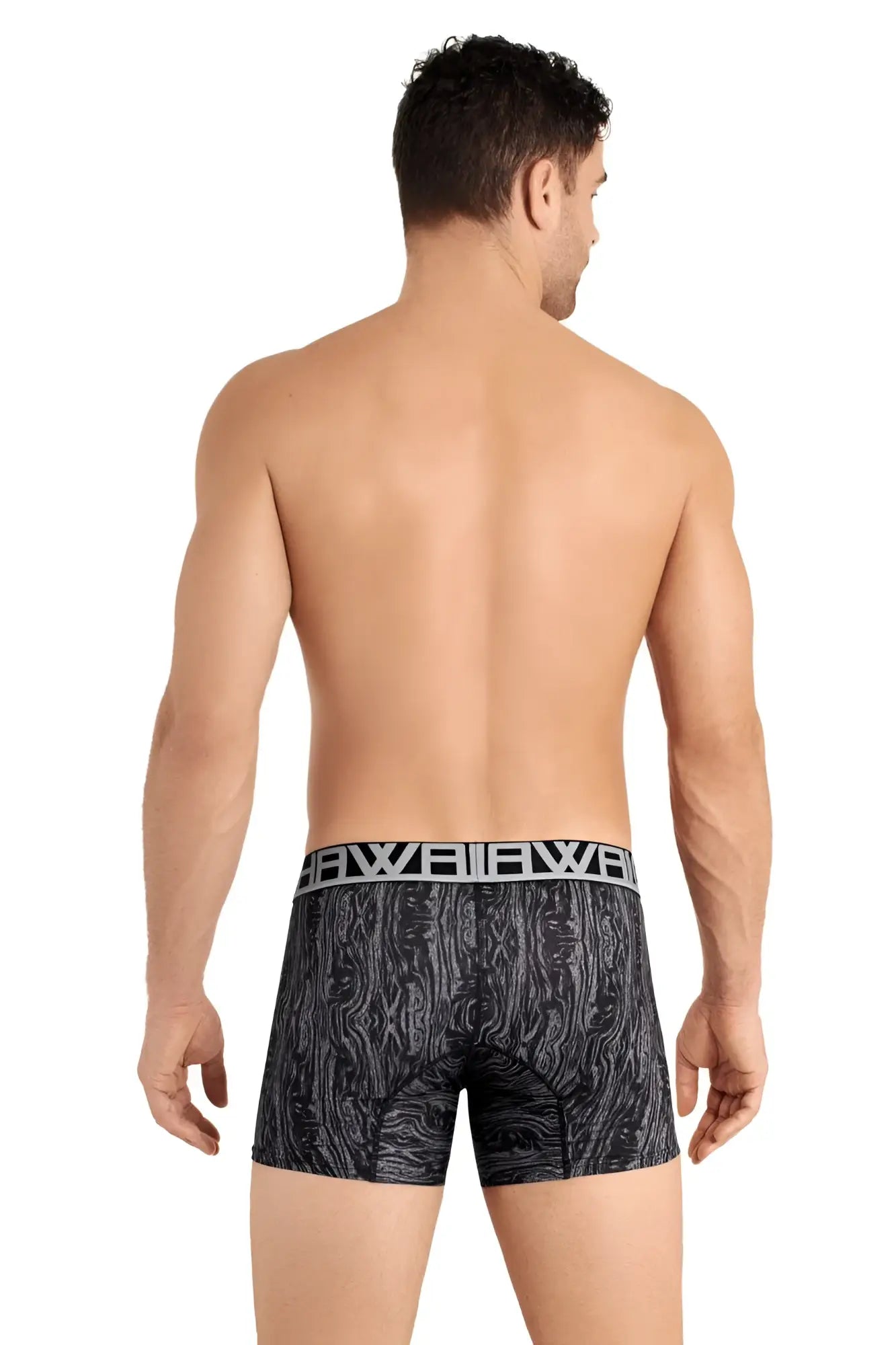 Black boxer briefs with gray wood grain pattern and white elastic waistband branded bowie hawai 42021 trunks gray color