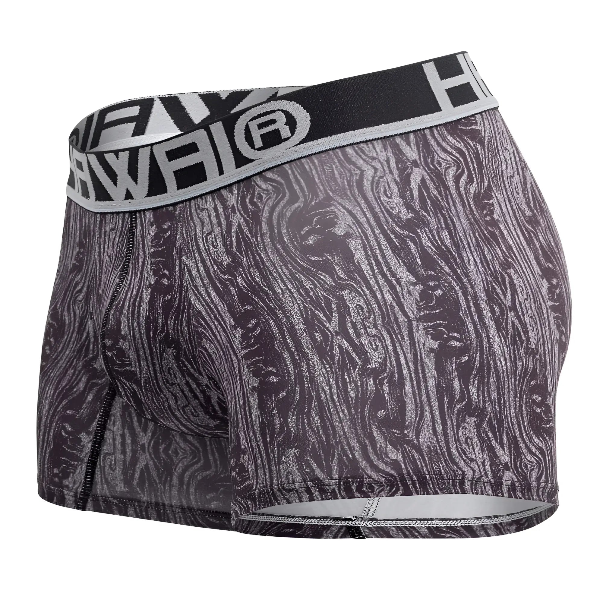 Black and gray wood-grain patterned boxer briefs with branded elastic waistband in hawai 42021 trunks color gray