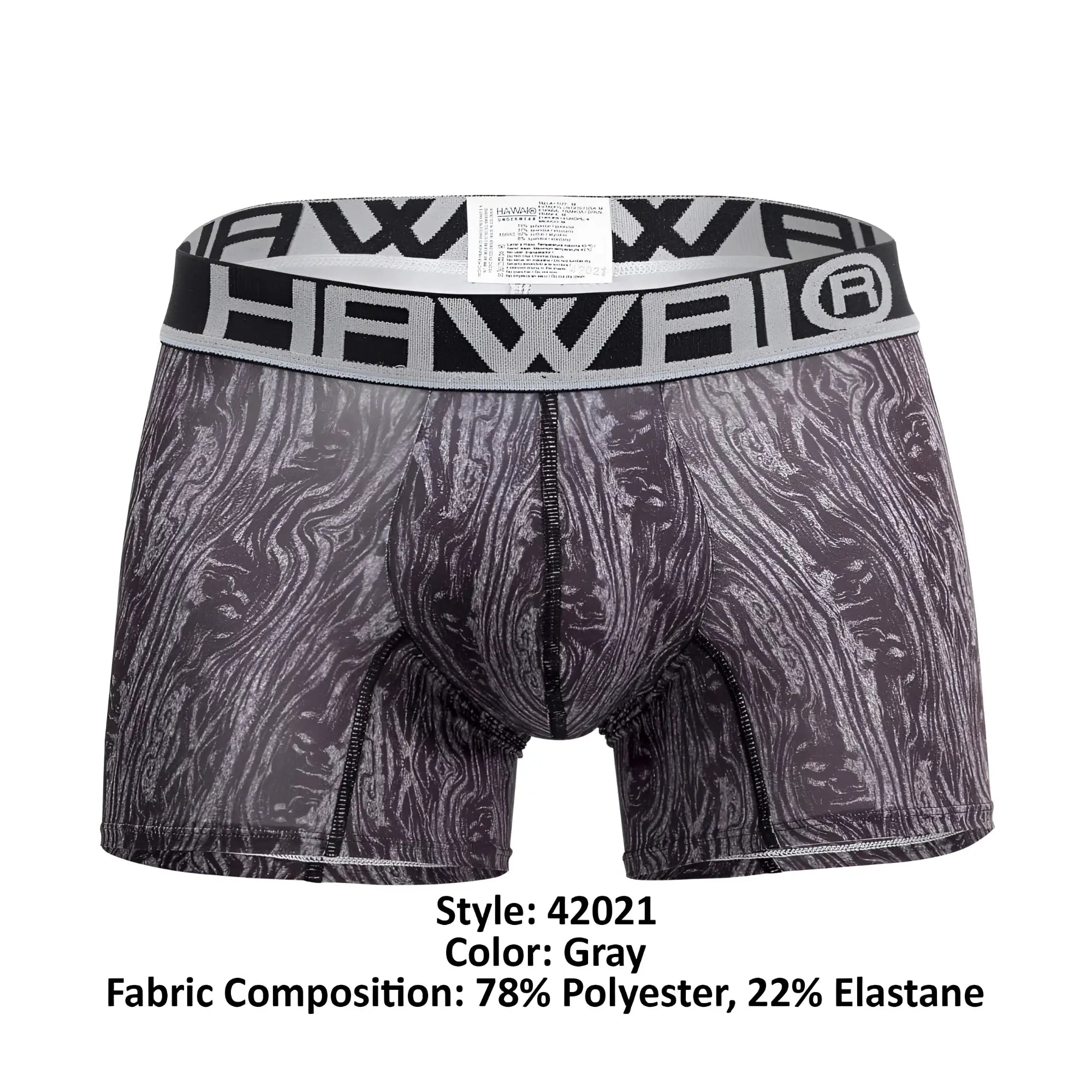Gray boxer briefs with black and white wood grain pattern and hawaii branded elastic waistband trunks color gray