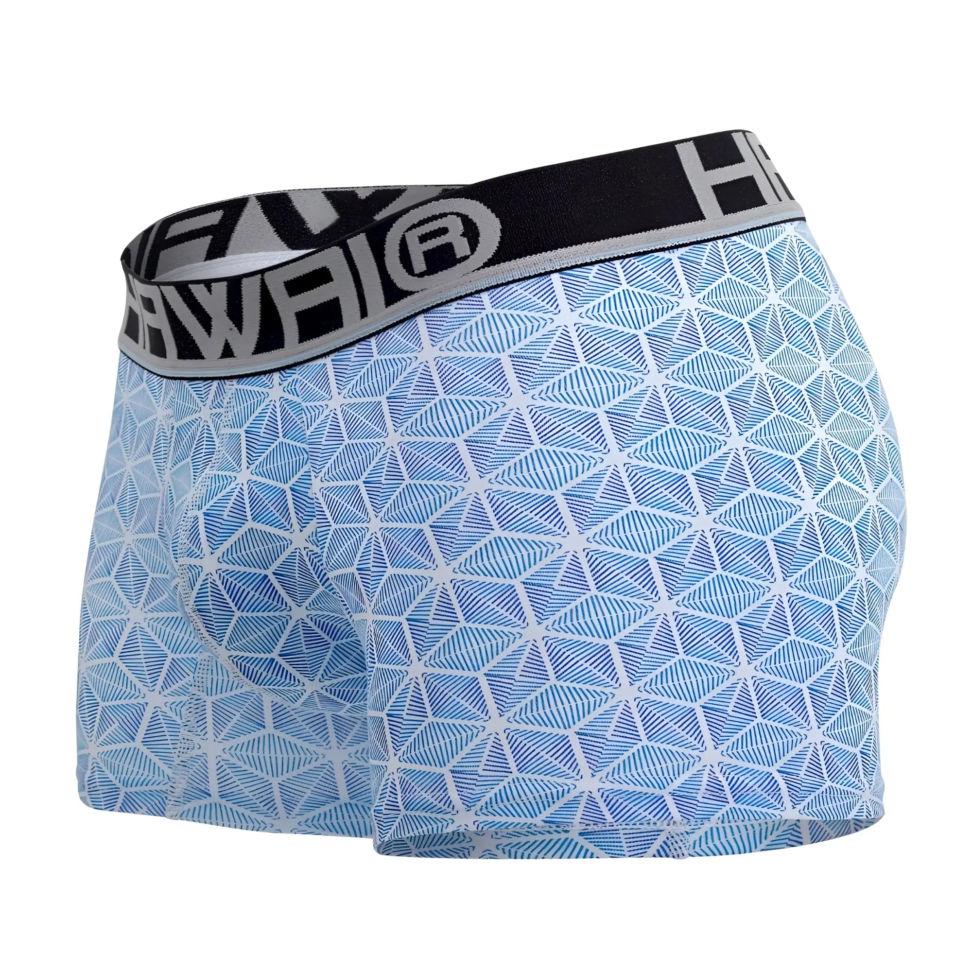 Light blue HAWAI 42022 trunks boxer briefs with geometric star pattern and black waistband with brand logo