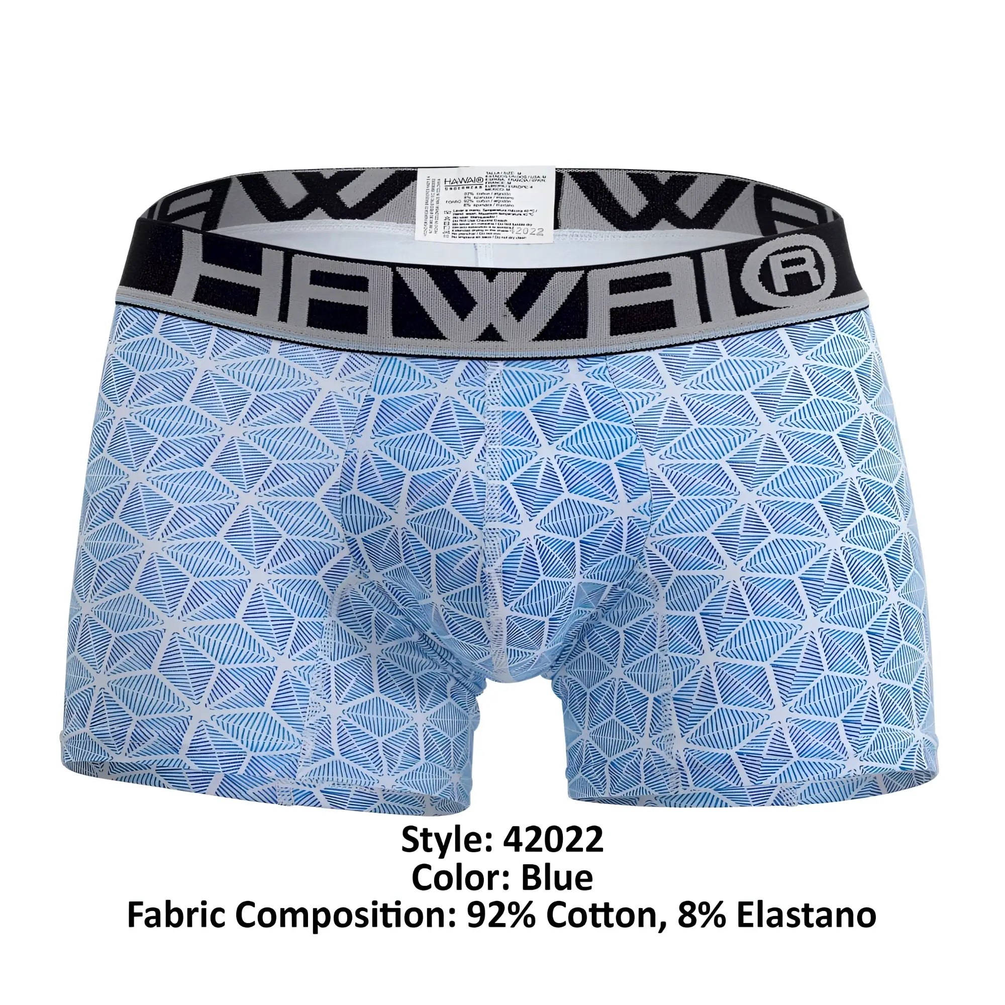 Blue patterned boxer briefs with geometric design and black waistband featuring hawaii logo from hawaii 42022 trunks