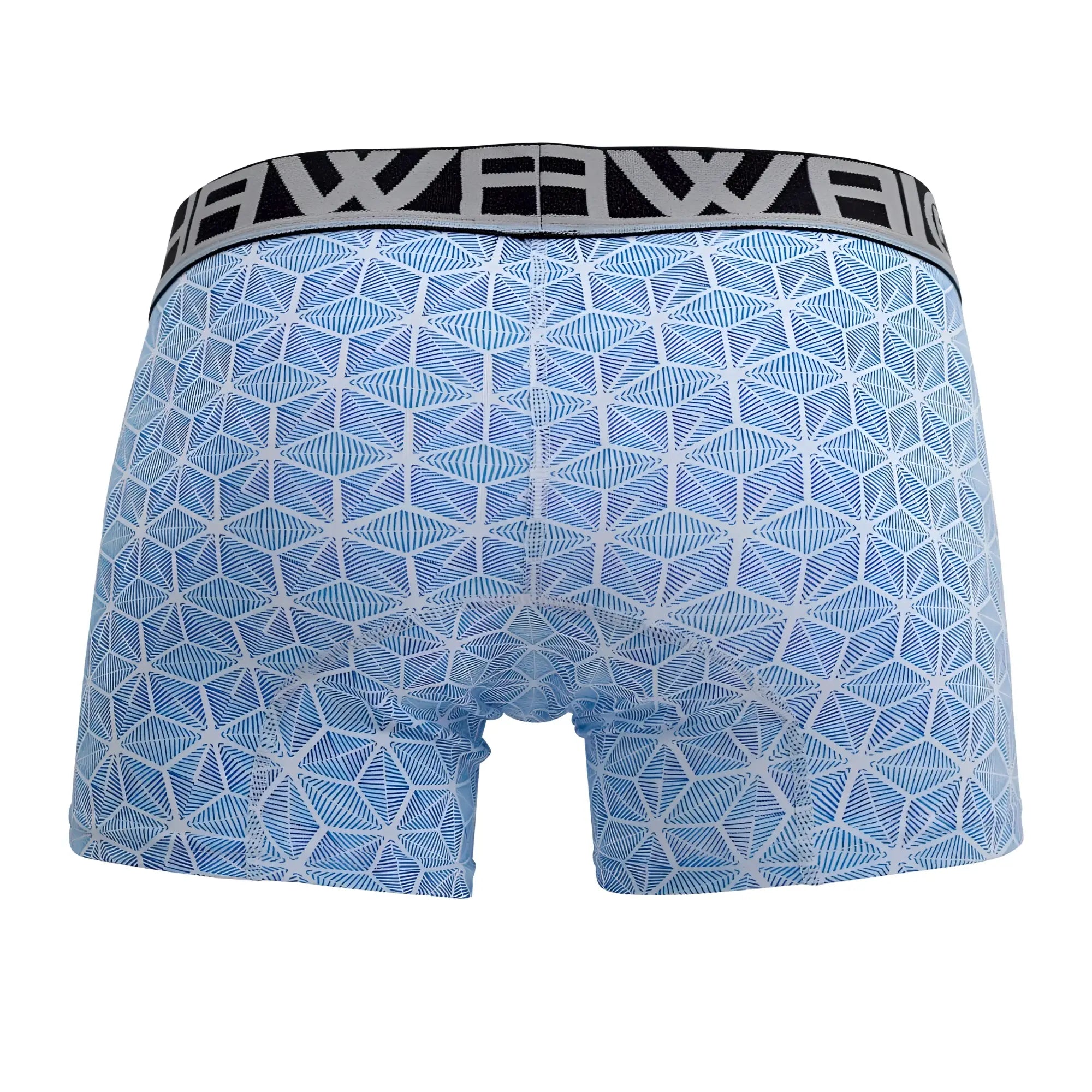 Blue patterned hawai 42022 trunks boxer briefs with geometric design and black waistband with white lettering